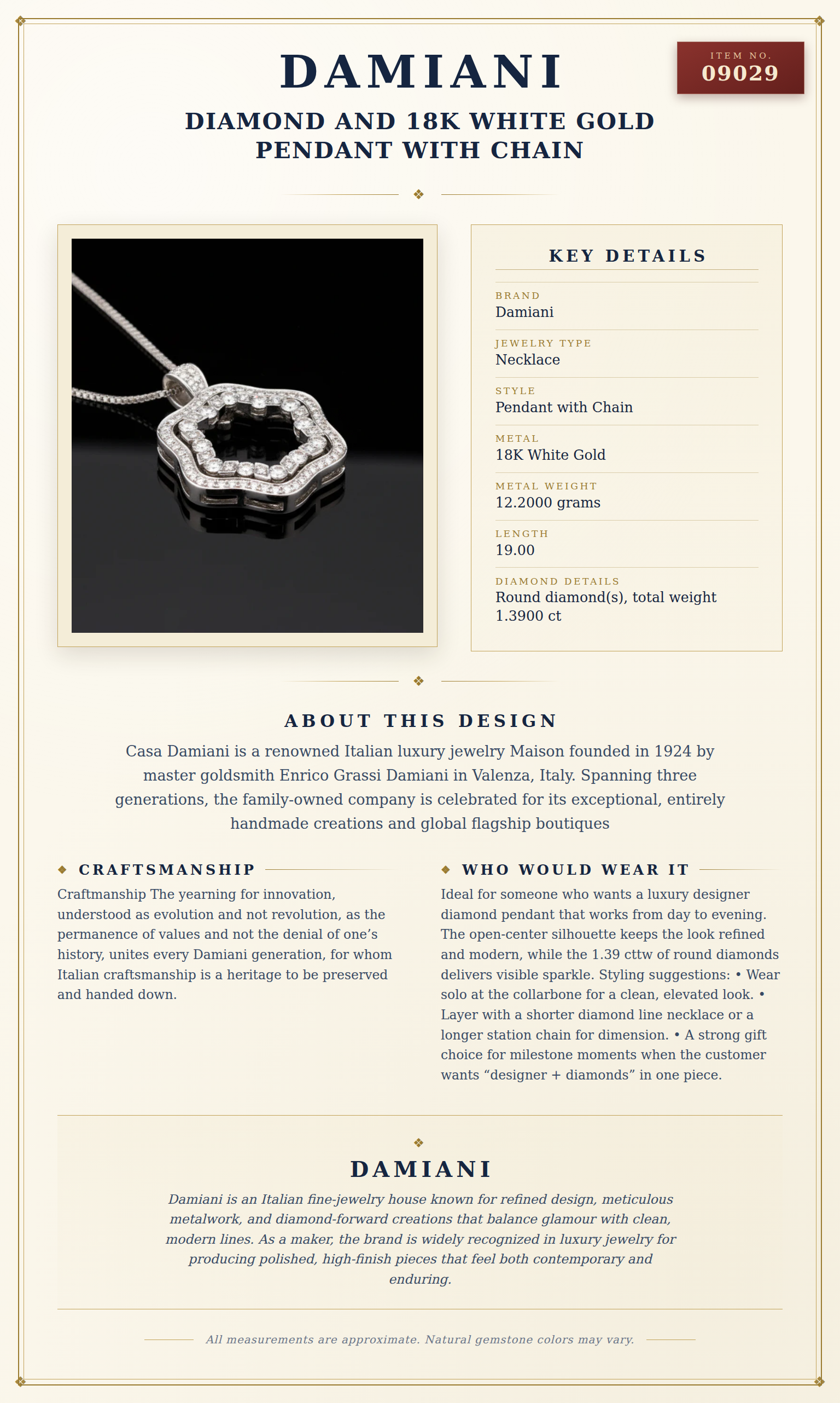 Damiani Diamond and 18K White Gold Pendant With Chain — anatomy card