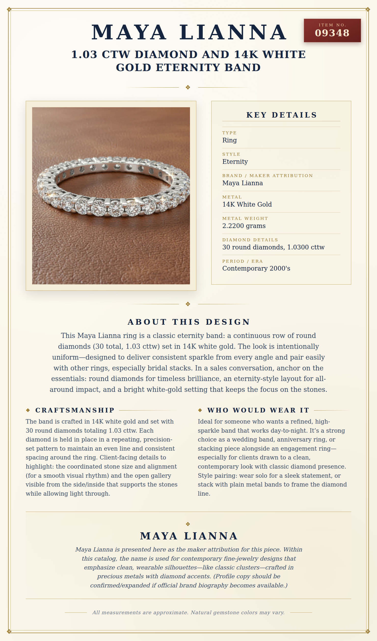 Maya Lianna 1.03 ctw Diamond and 14K White Gold Eternity Band — anatomy card