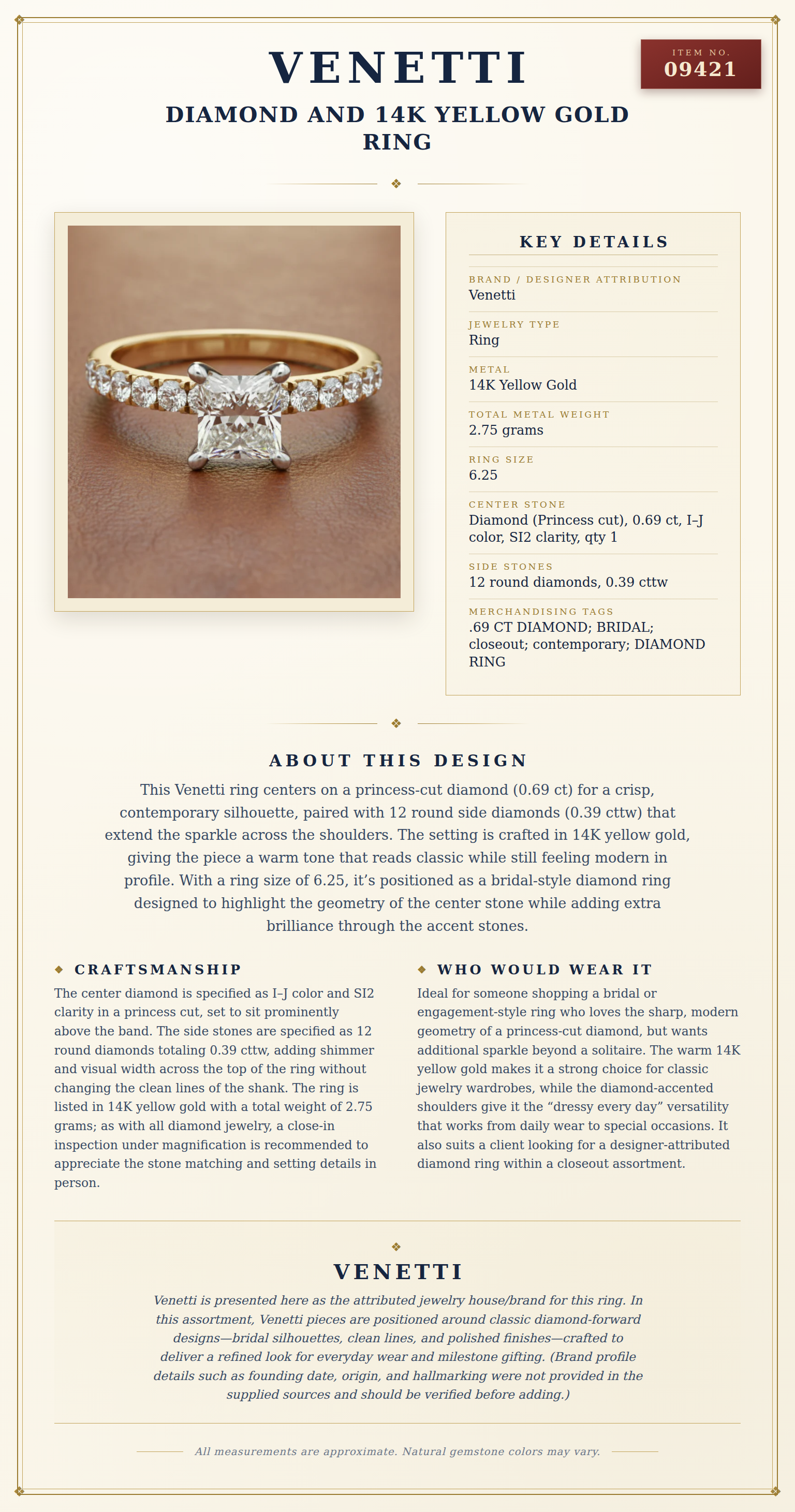 Venetti Diamond and 14K Yellow Gold Ring — anatomy card