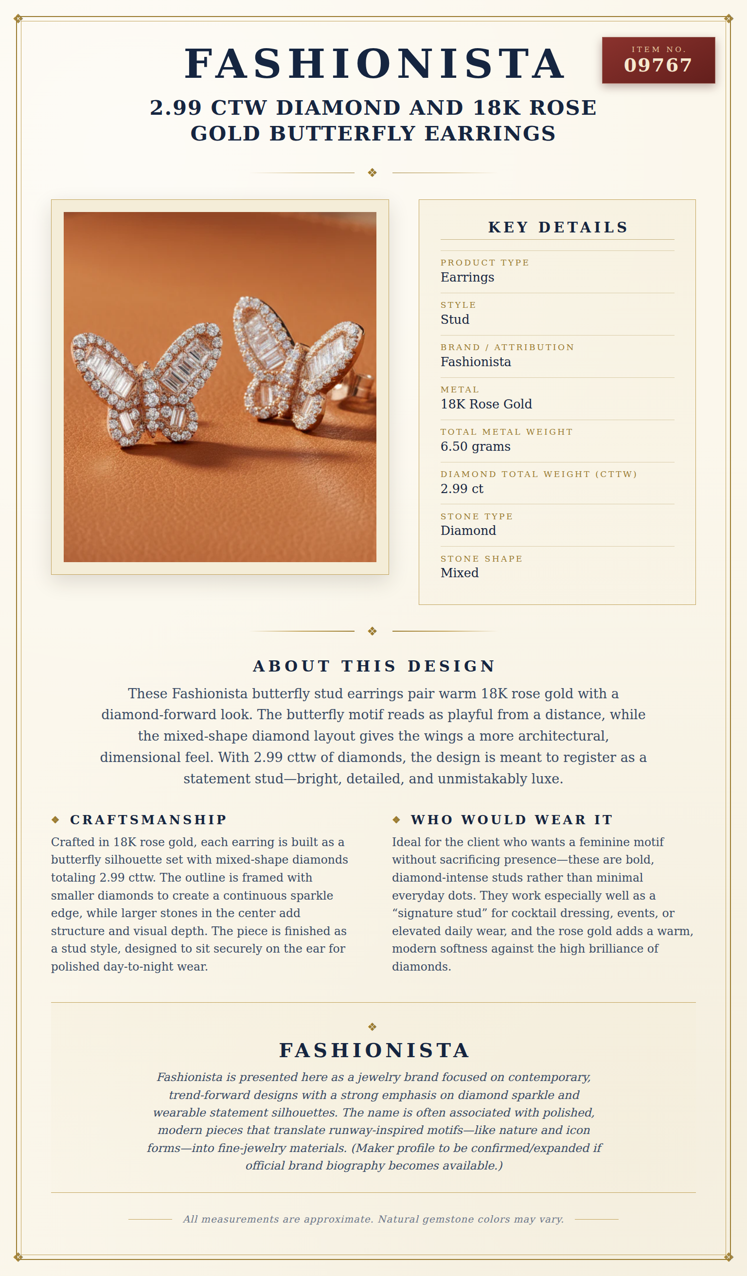 Fashionista 2.99 ctw Diamond and 18K Rose Gold Butterfly Earrings — anatomy card