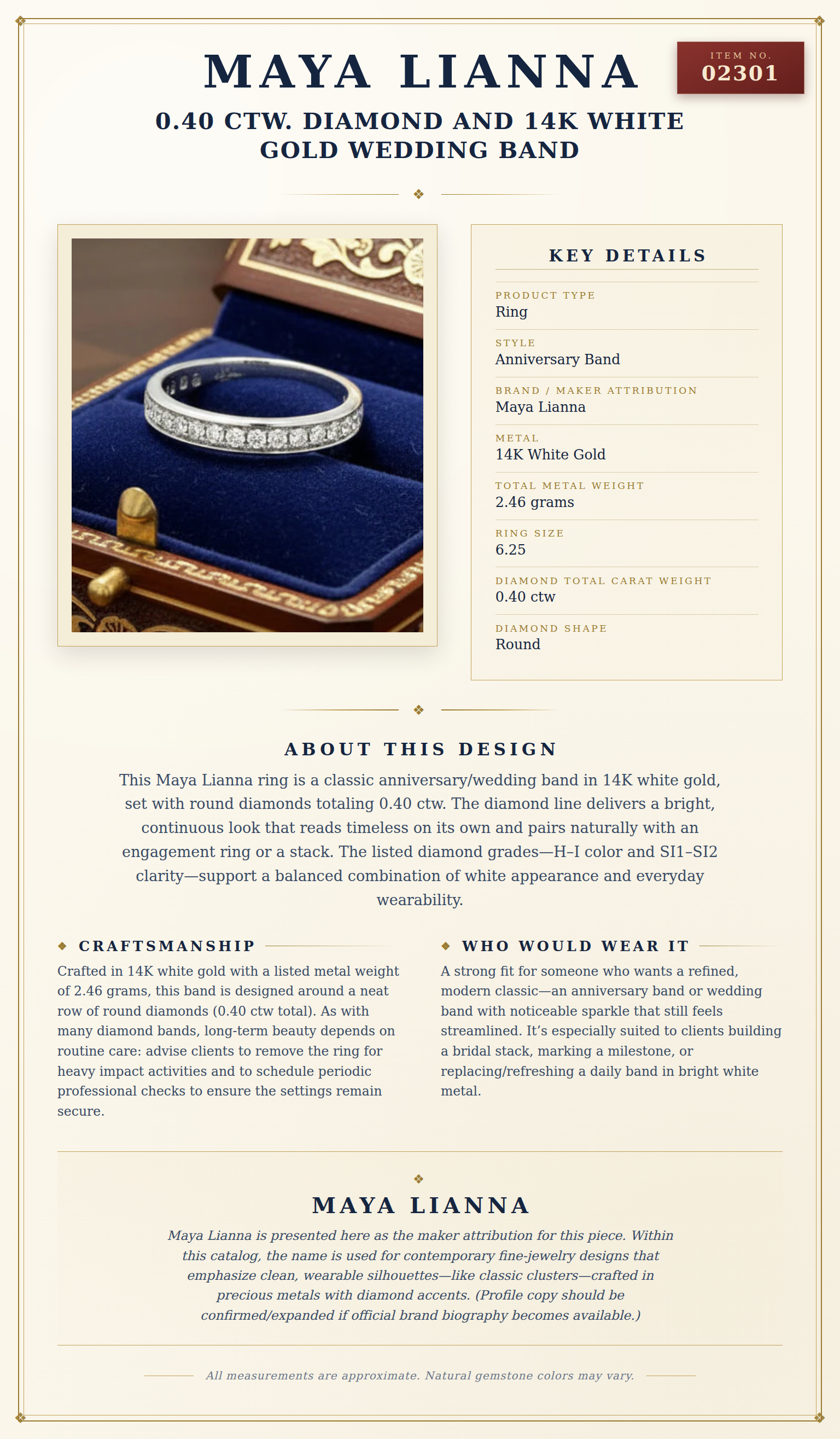 Maya Lianna 0.40 Ctw. Diamond and 14K White Gold Wedding Band — anatomy card