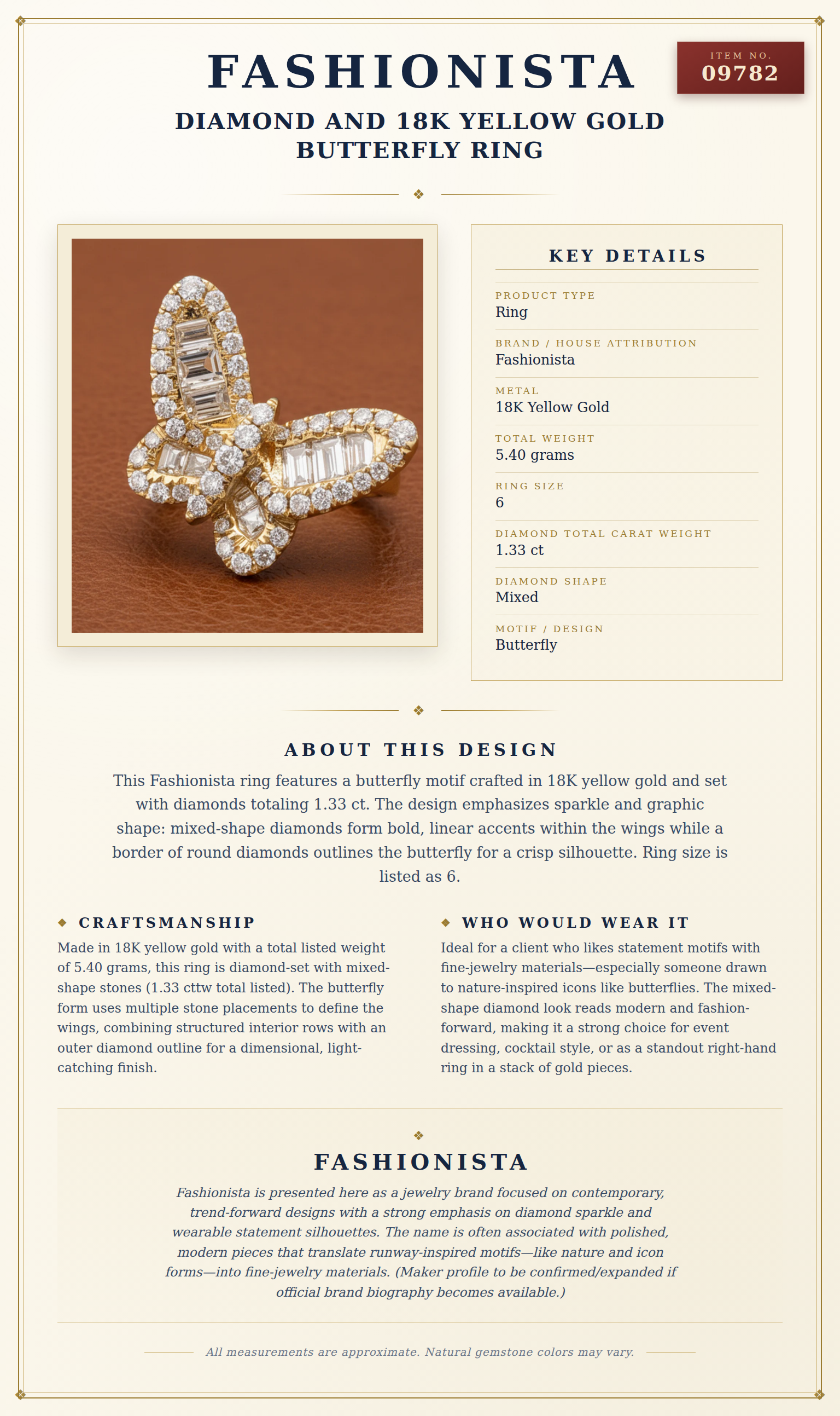 Fashionista Diamond and 18K Yellow Gold Butterfly Ring — anatomy card