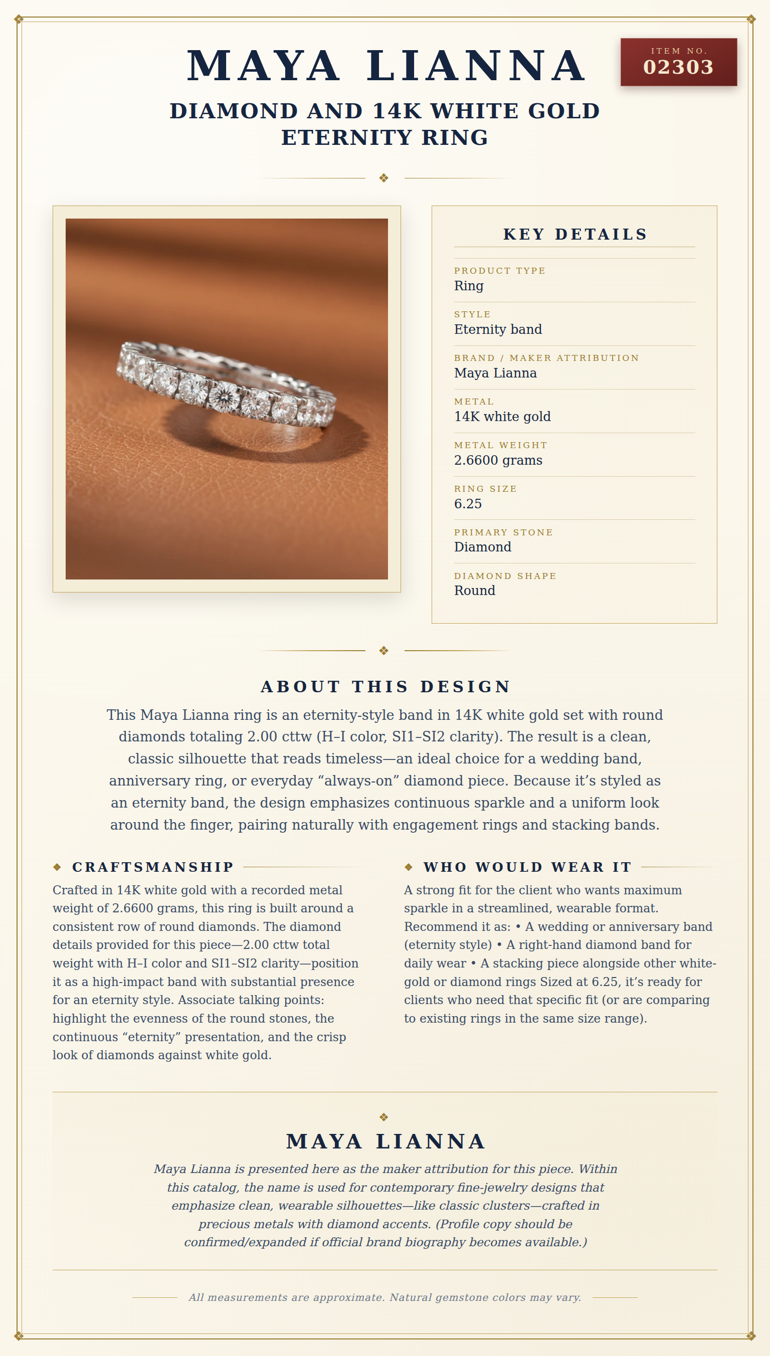 Maya Lianna Diamond and 14K White Gold Eternity Ring — anatomy card
