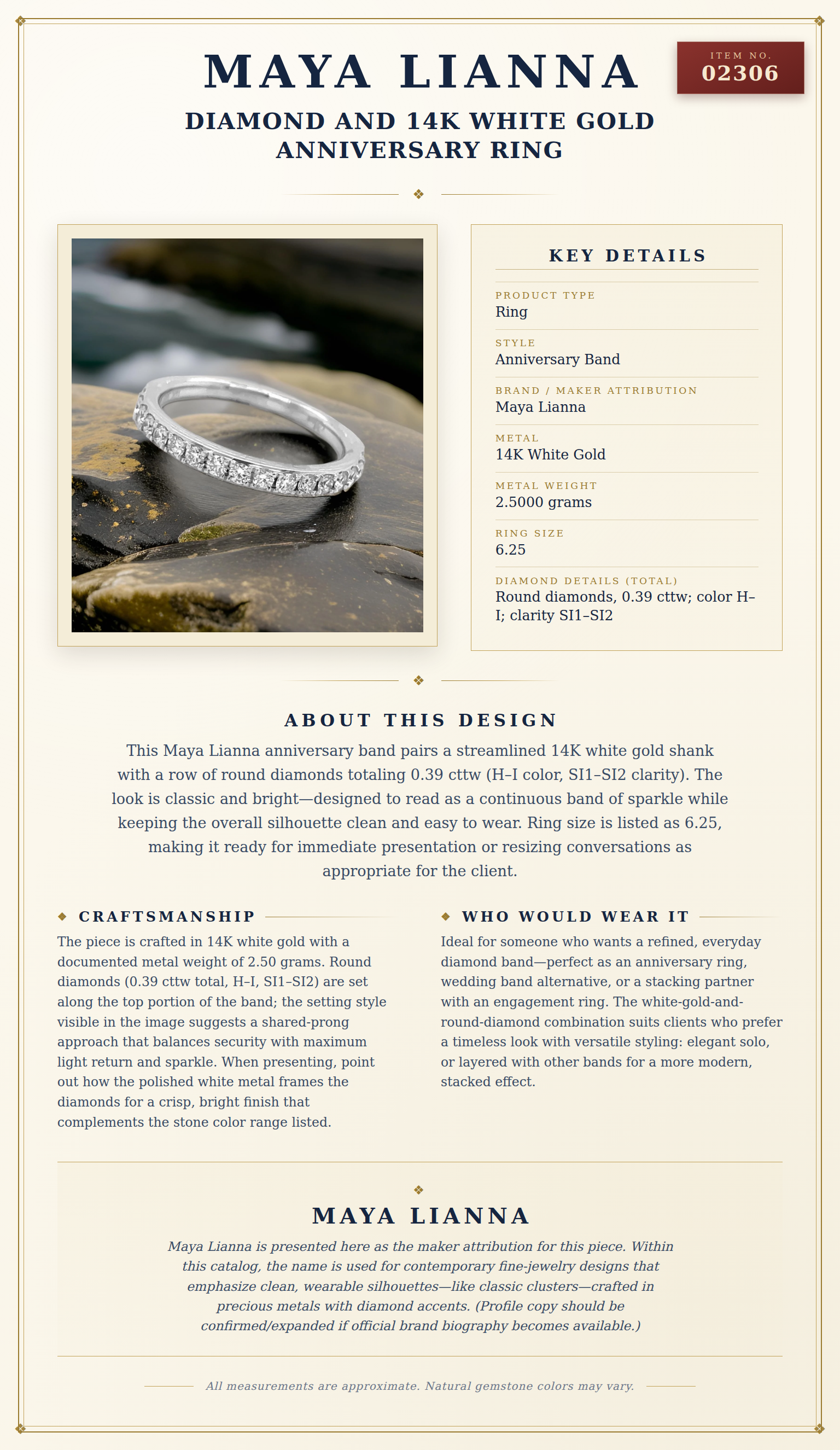Maya Lianna Diamond and 14K White Gold Anniversary Ring — anatomy card