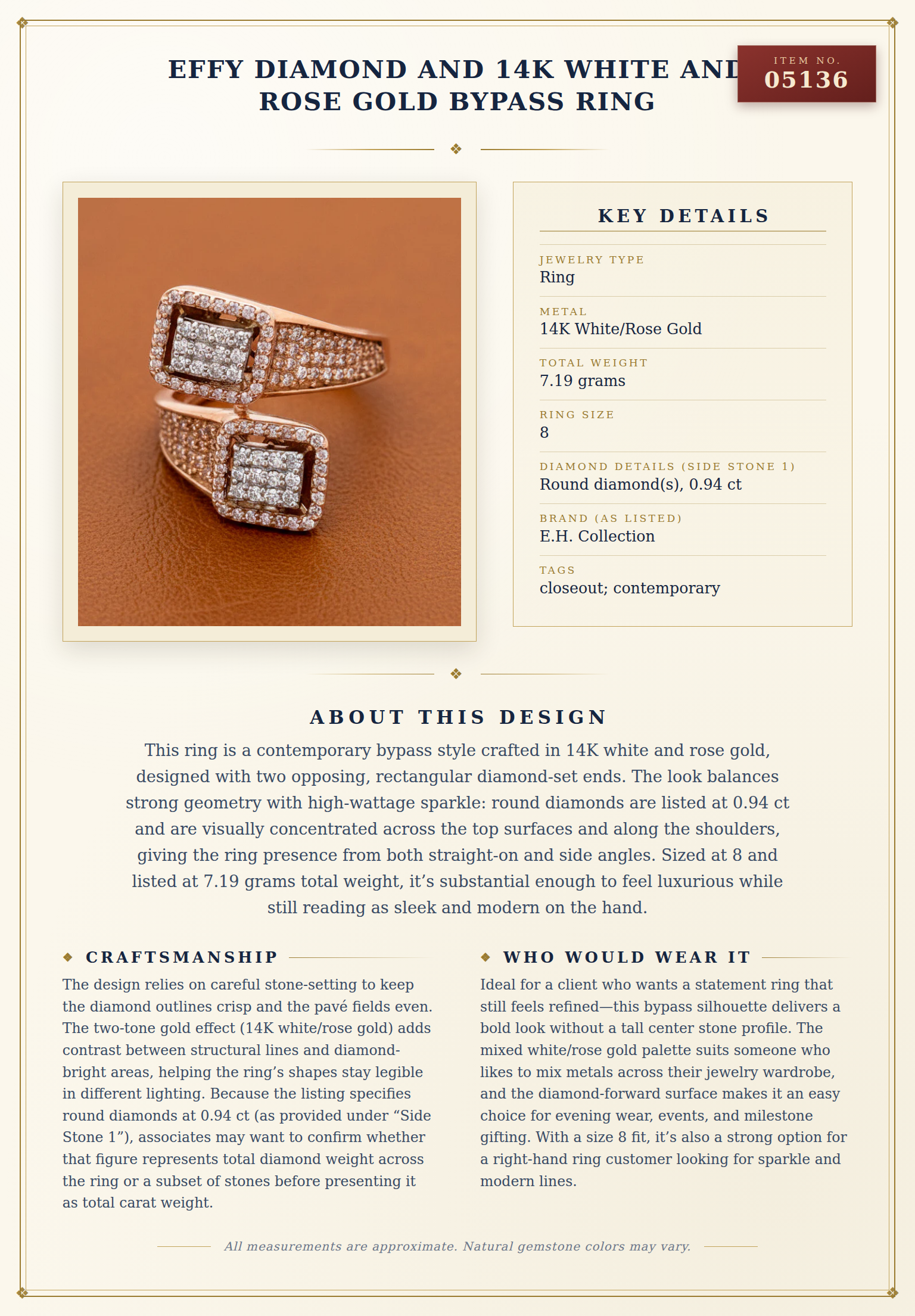 Effy Diamond and 14K White and Rose Gold Bypass Ring — anatomy card