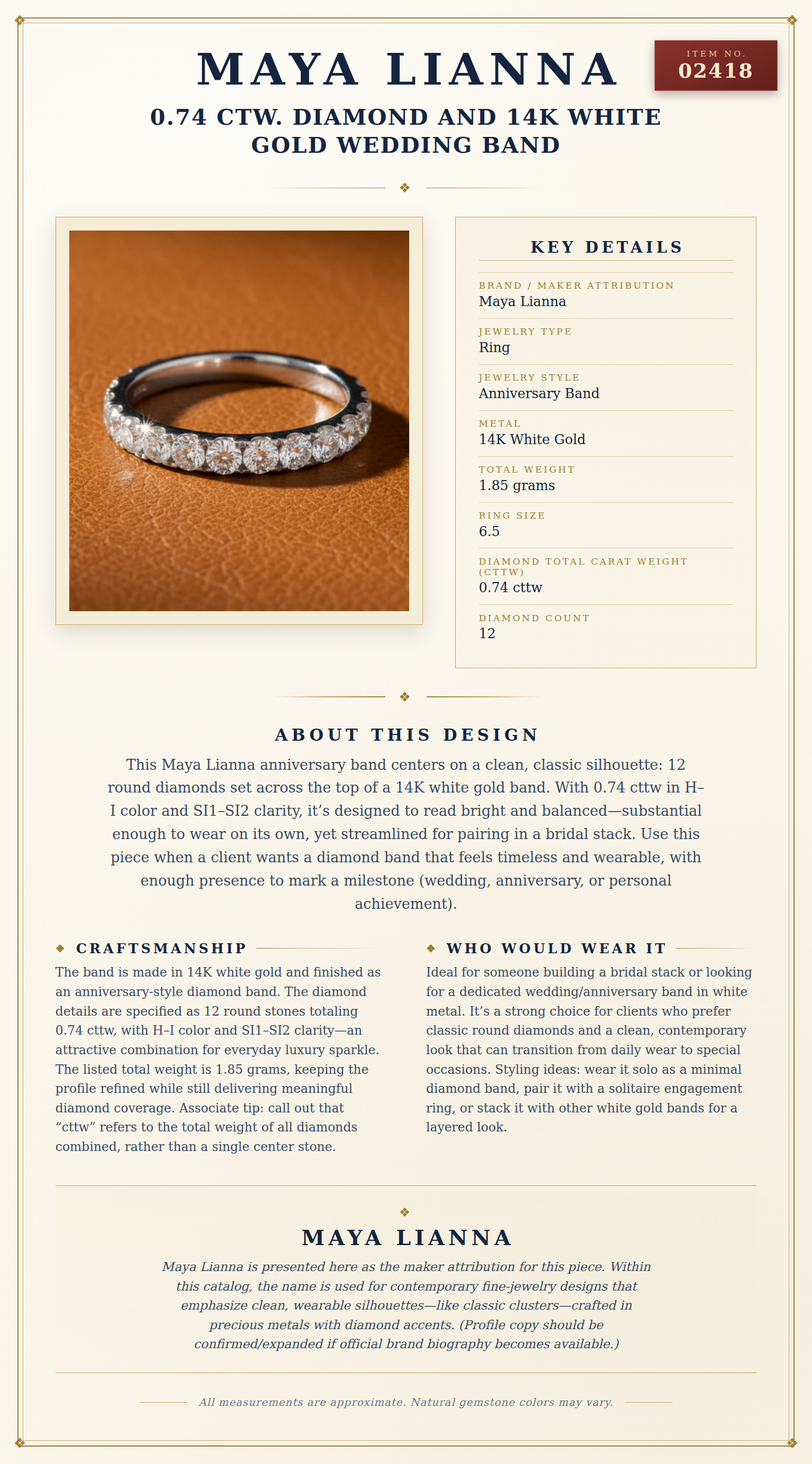 Maya Lianna 0.74 Ctw. Diamond and 14K White Gold Wedding Band — anatomy card