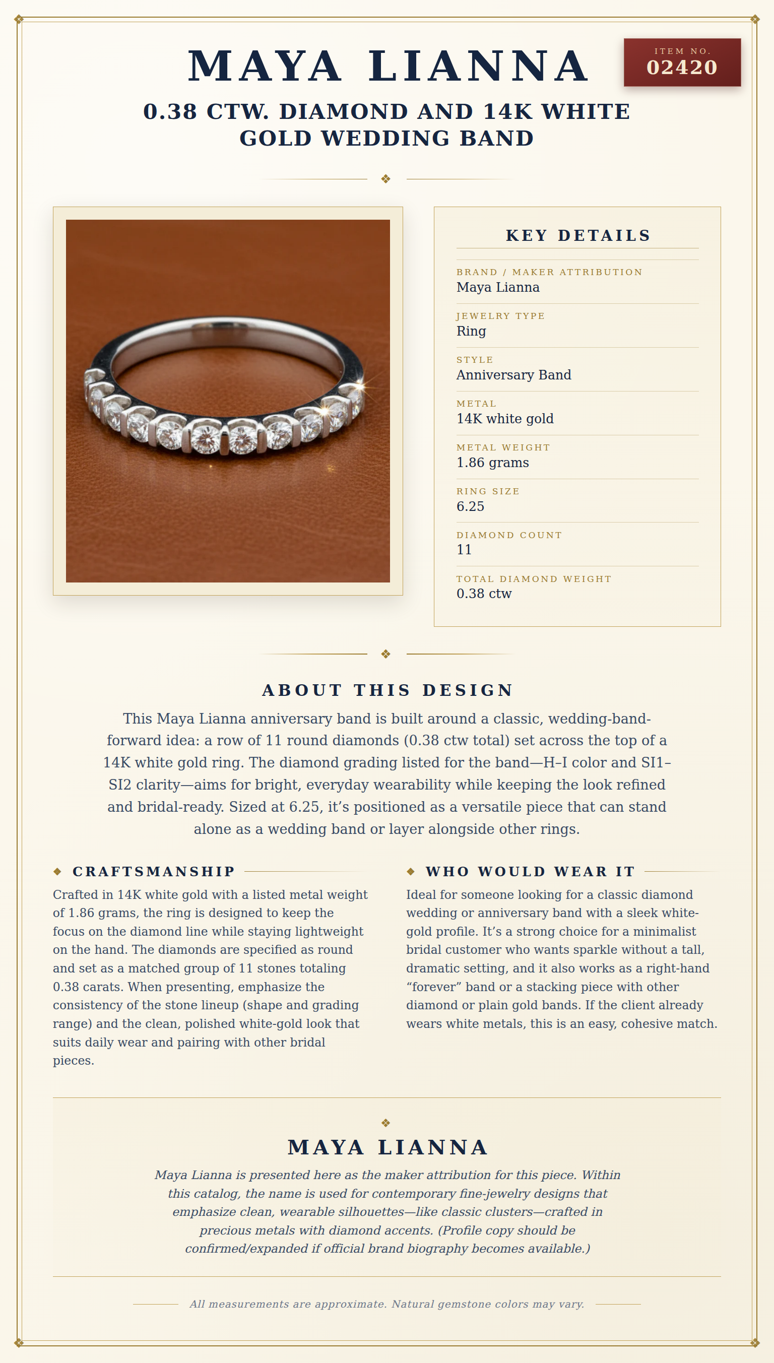 Maya Lianna 0.38 Ctw. Diamond and 14K White Gold Wedding Band — anatomy card