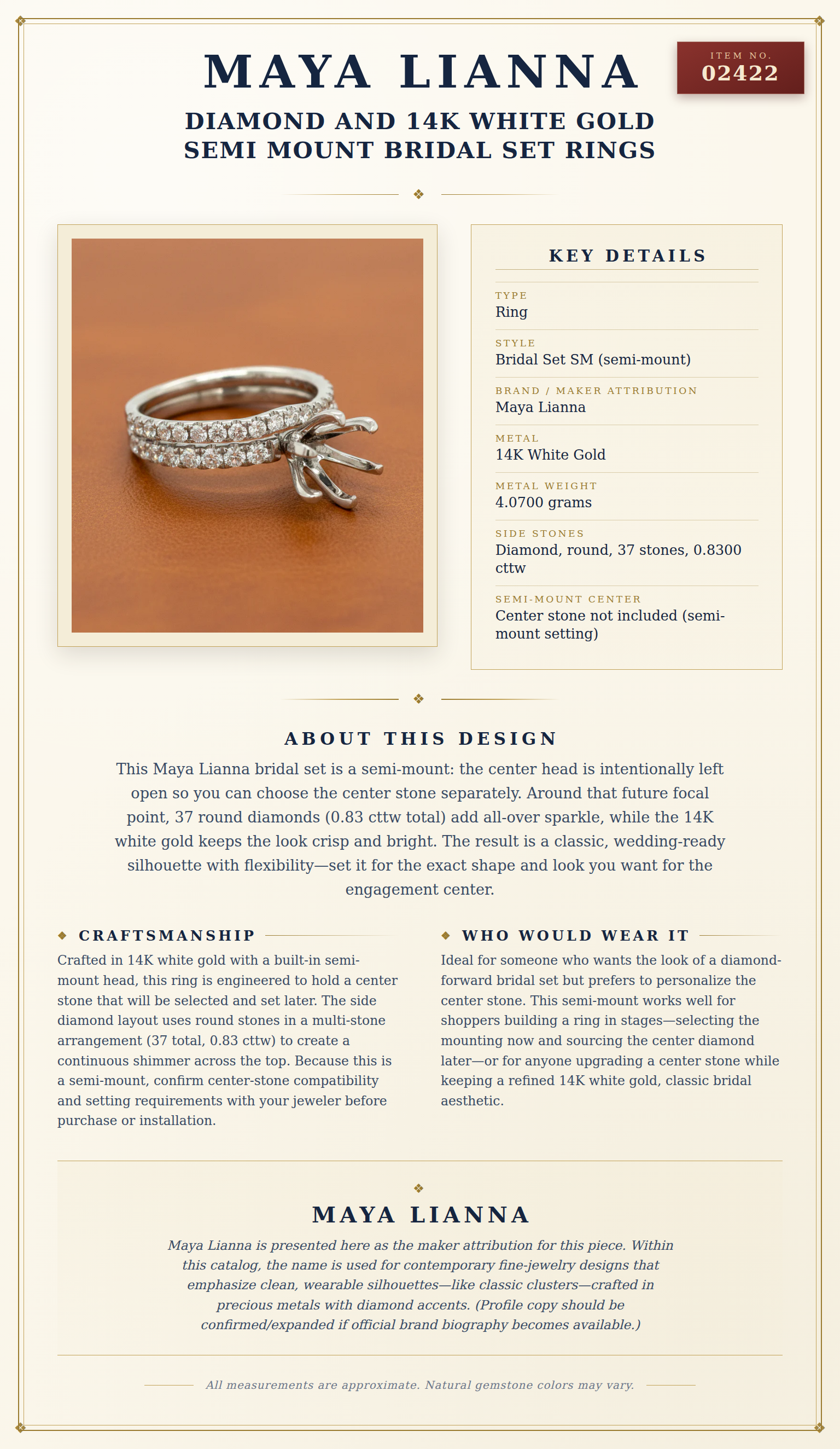 Maya Lianna Diamond and 14K White Gold Semi Mount Bridal Set Rings — anatomy card