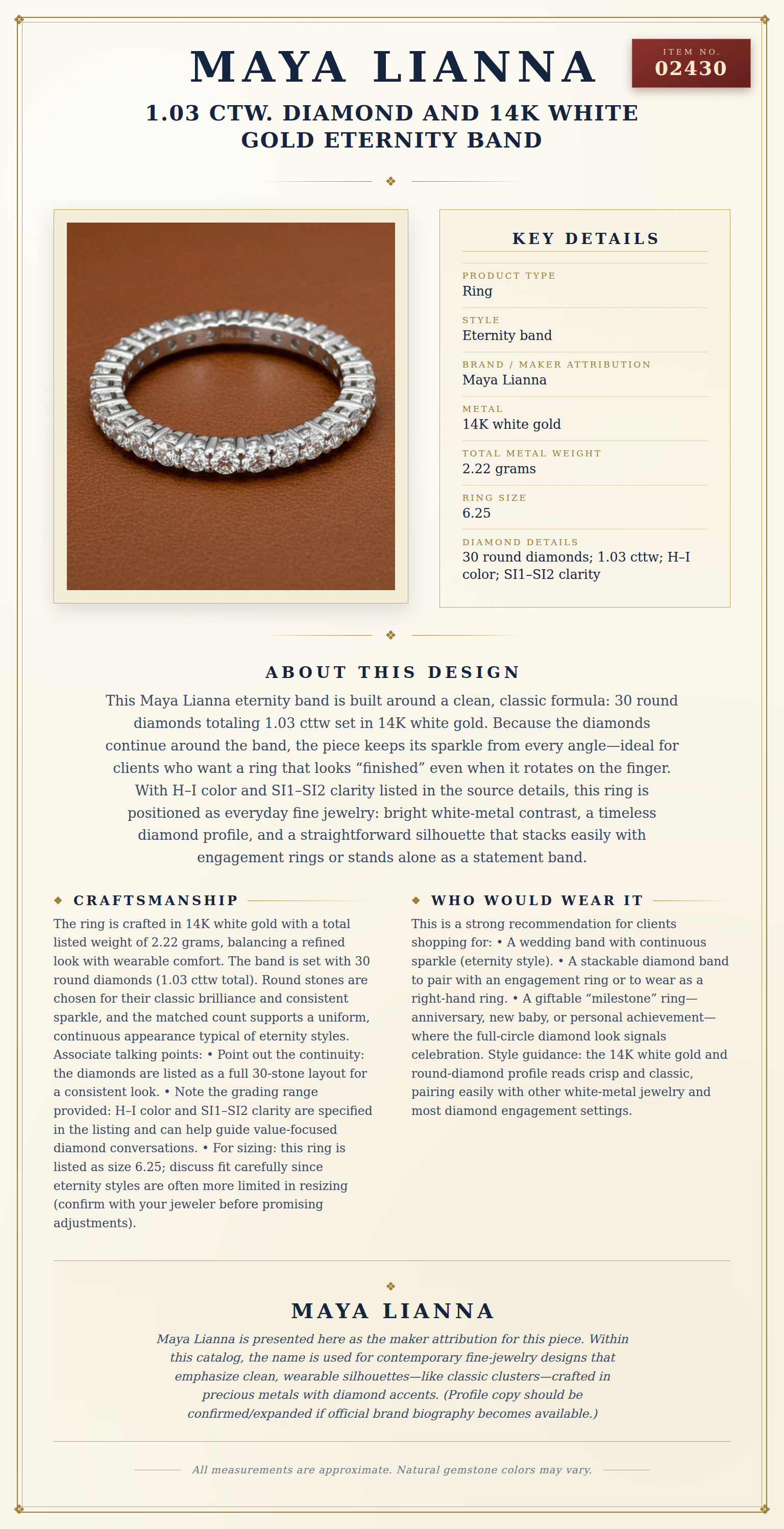 Maya Lianna 1.03 Ctw. Diamond and 14K White Gold Eternity Band — anatomy card