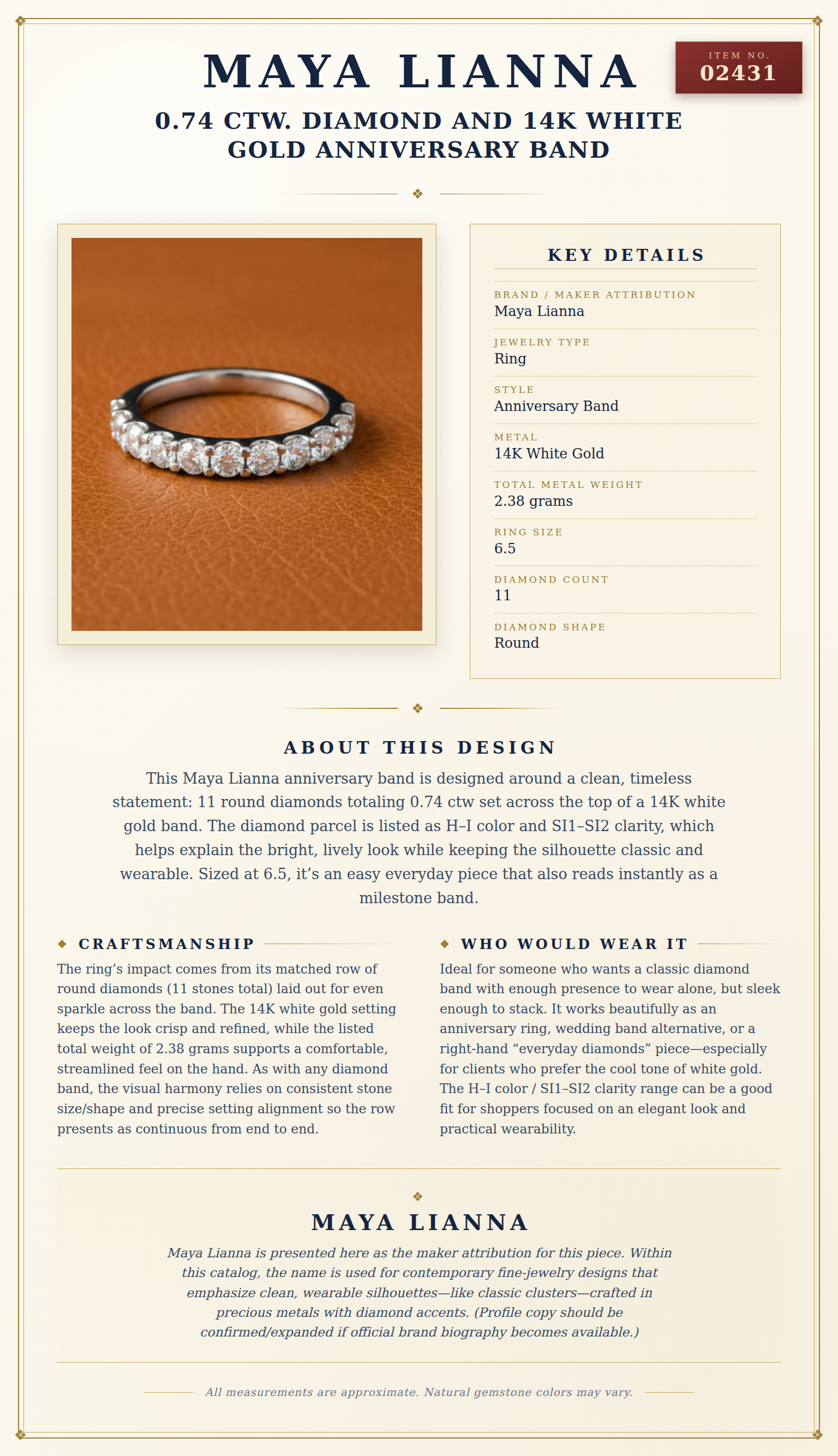 Maya Lianna 0.74 Ctw. Diamond and 14K White Gold Anniversary Band — anatomy card
