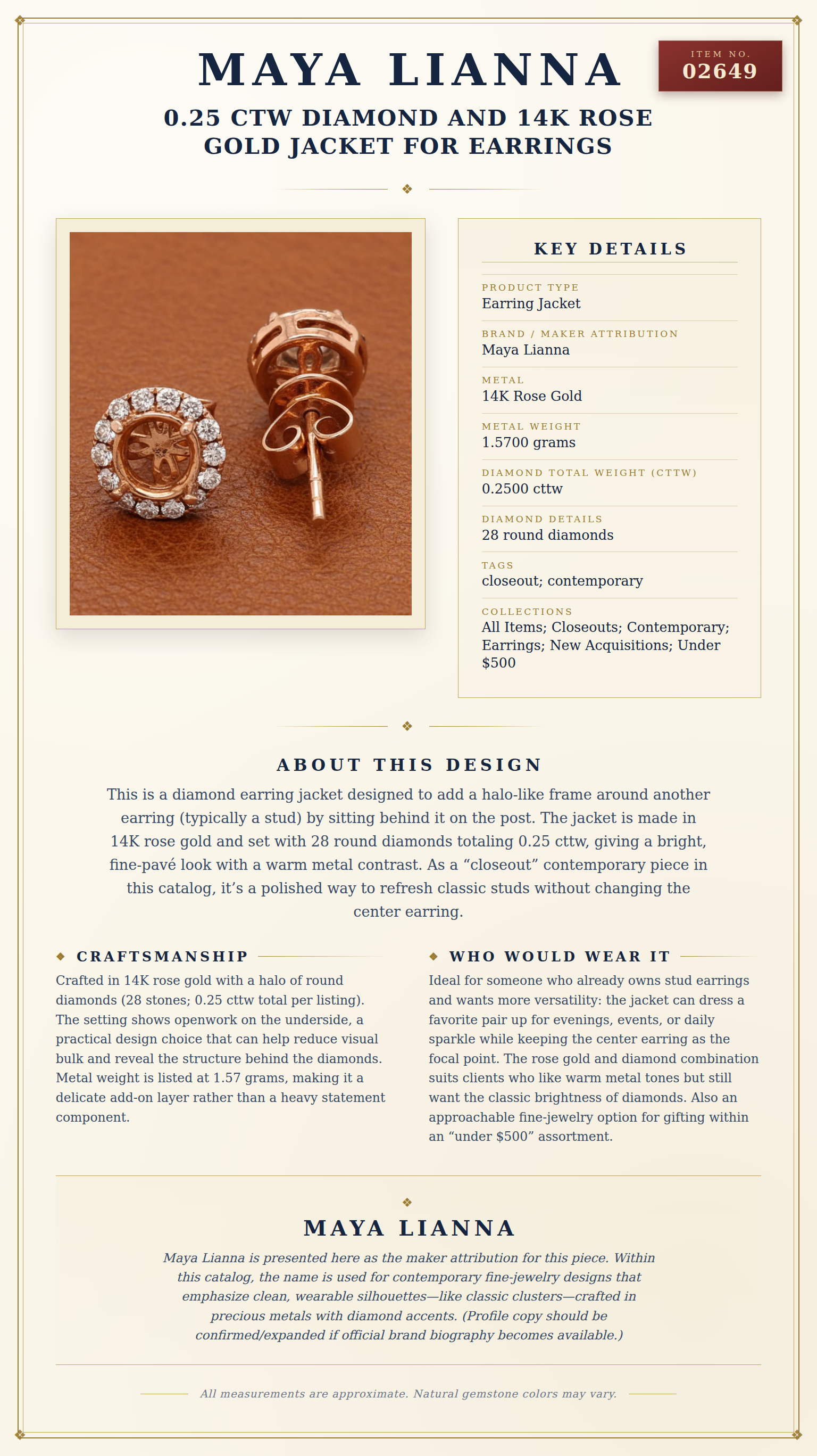 Maya Lianna 0.25 ctw Diamond and 14K Rose Gold Jacket for Earrings — anatomy card