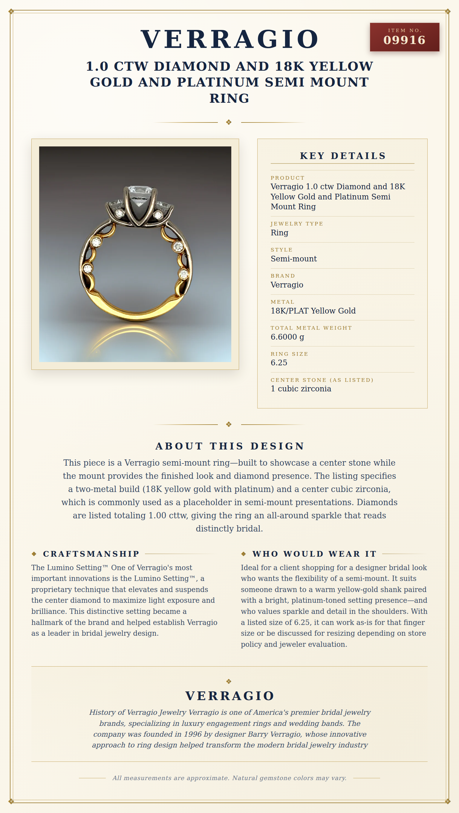 Verragio 1.0 ctw Diamond and 18K Yellow Gold and Platinum Semi Mount Ring — anatomy card