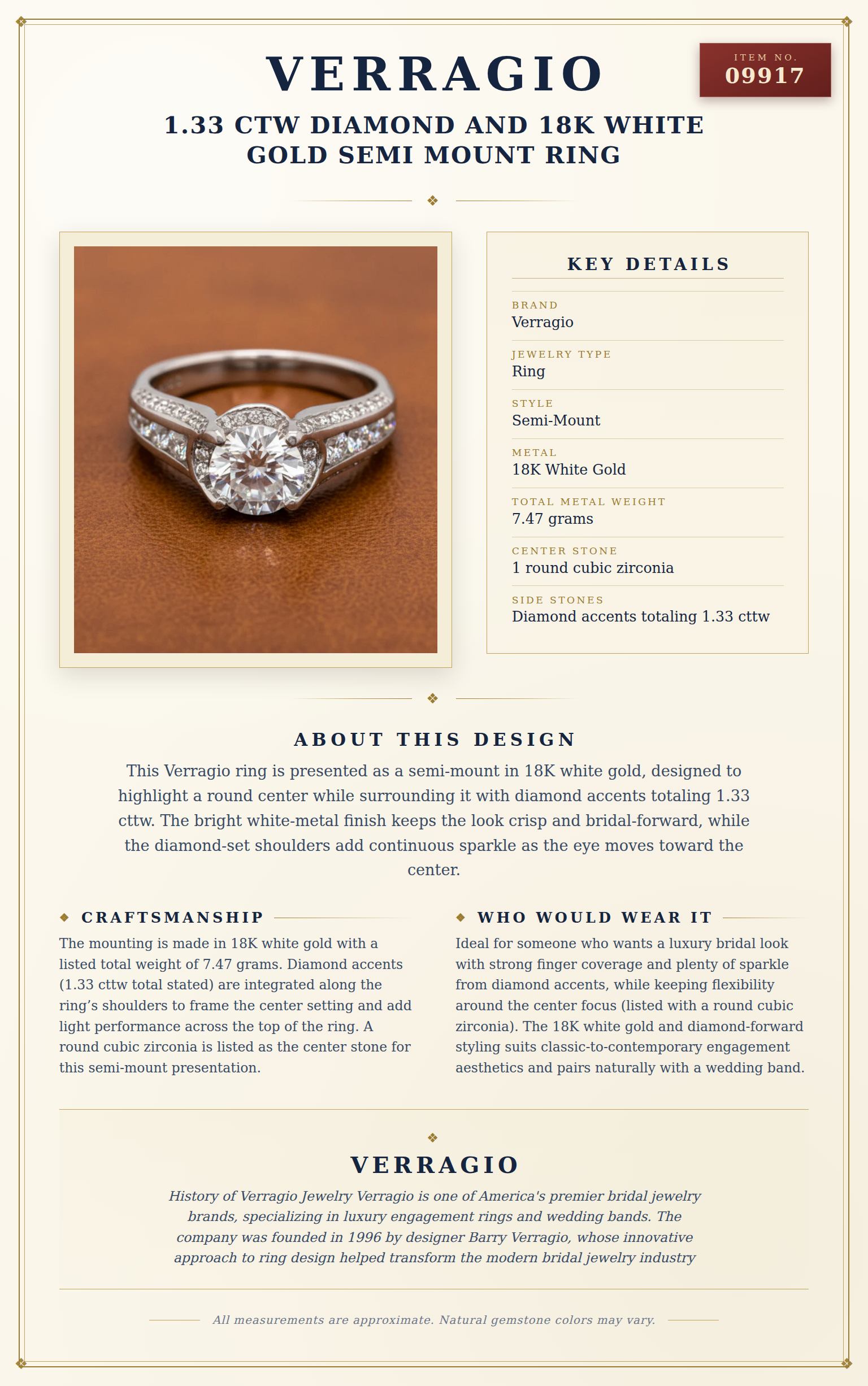 Verragio 1.33 ctw Diamond and 18K White Gold Semi Mount Ring — anatomy card