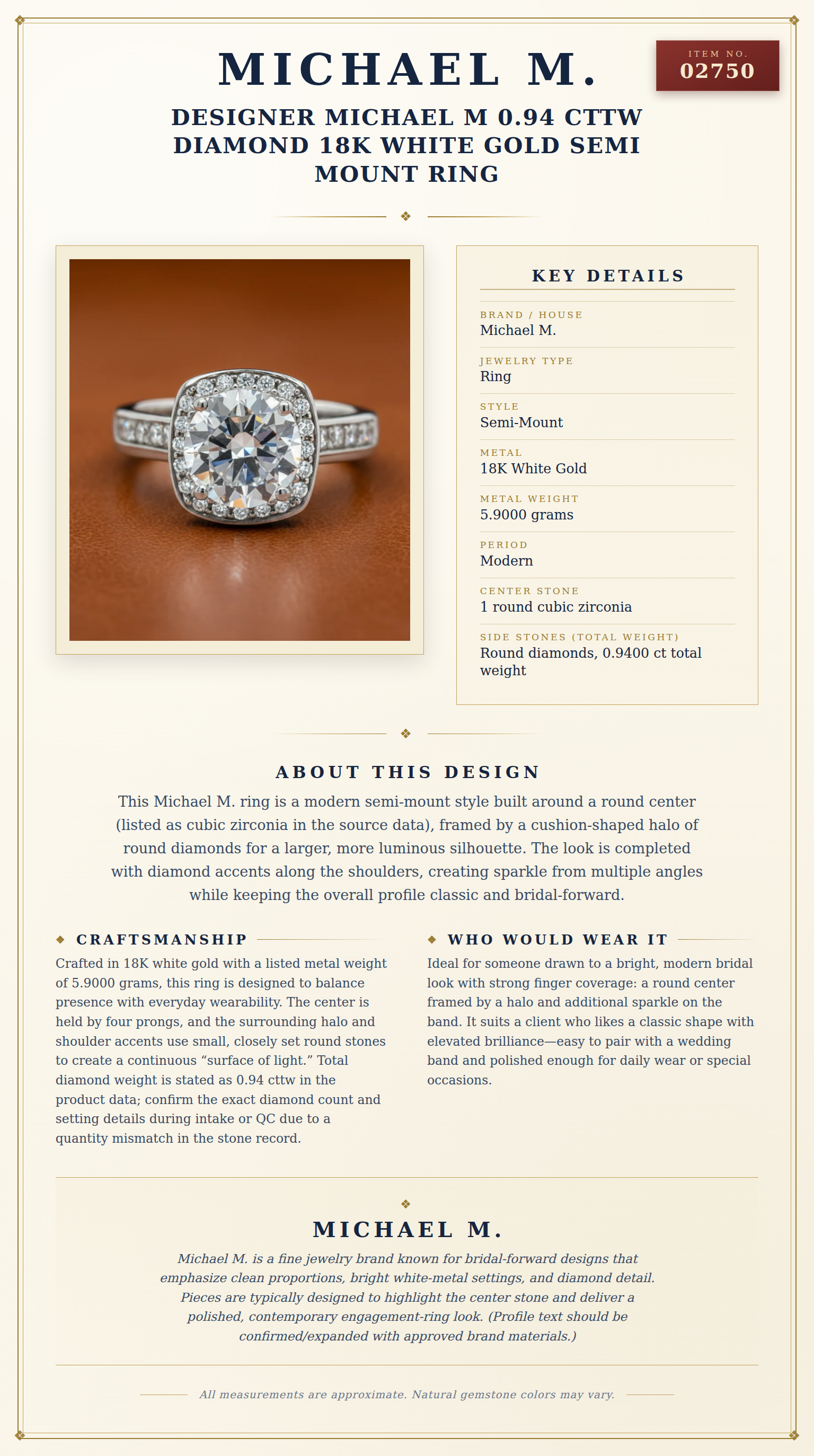 Designer Michael M 0.94 cttw Diamond 18K White Gold Semi Mount Ring — anatomy card