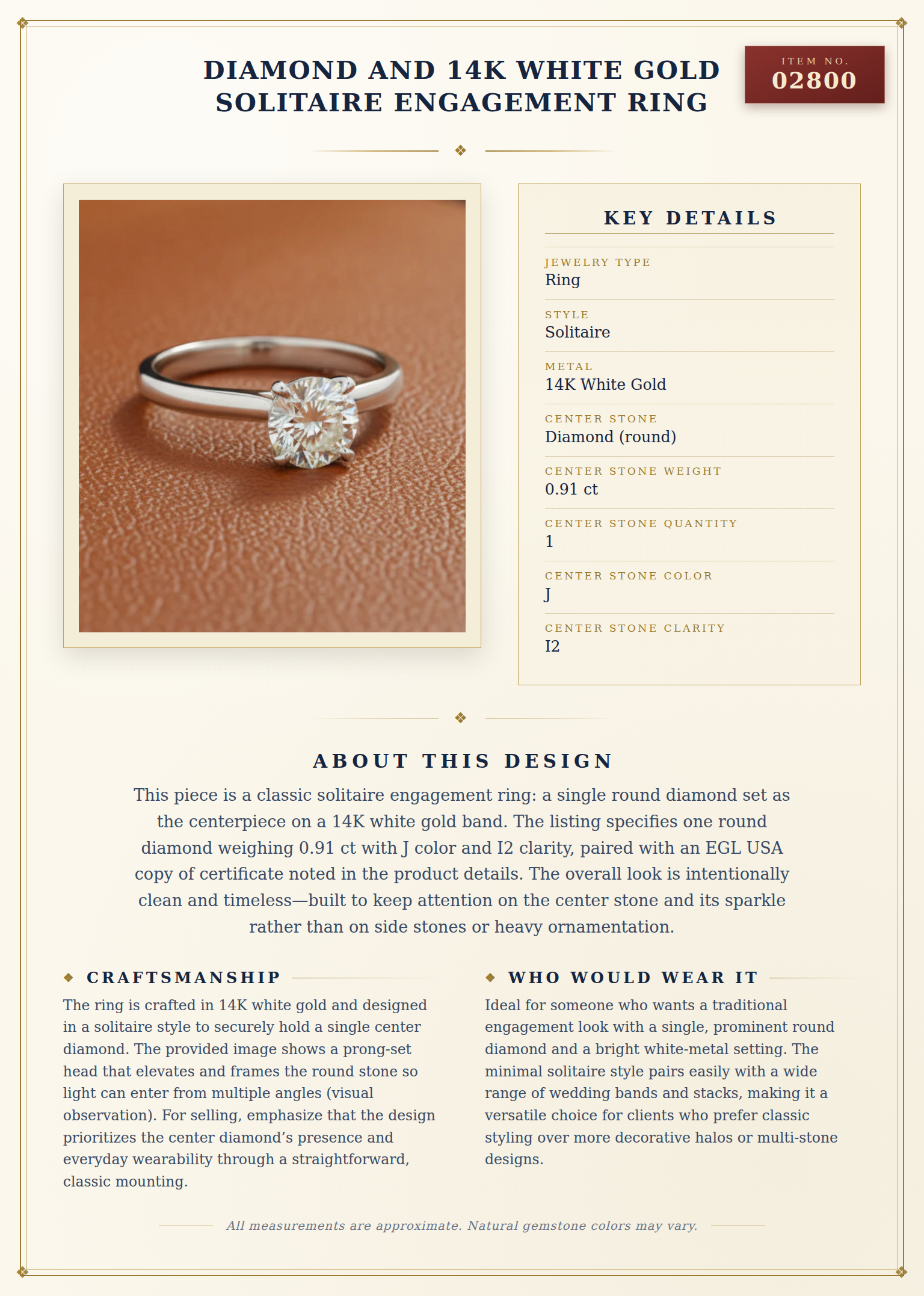 Diamond and 14K White Gold Solitaire Engagement Ring — anatomy card