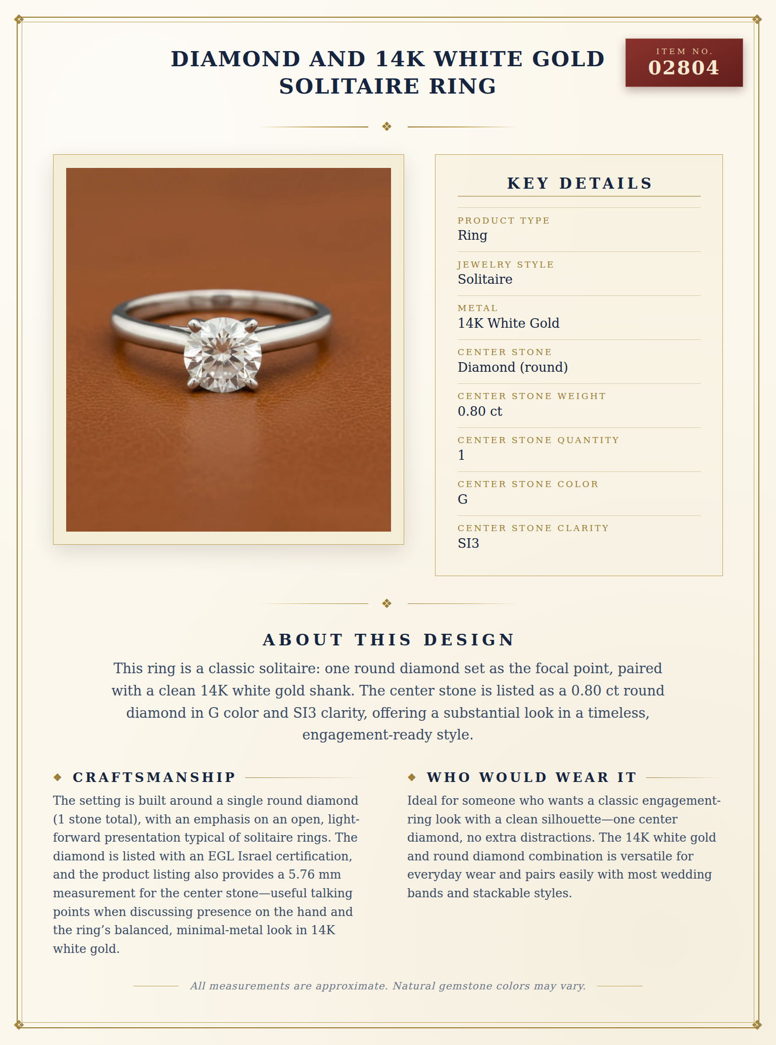 Diamond and 14K White Gold Solitaire Ring — anatomy card