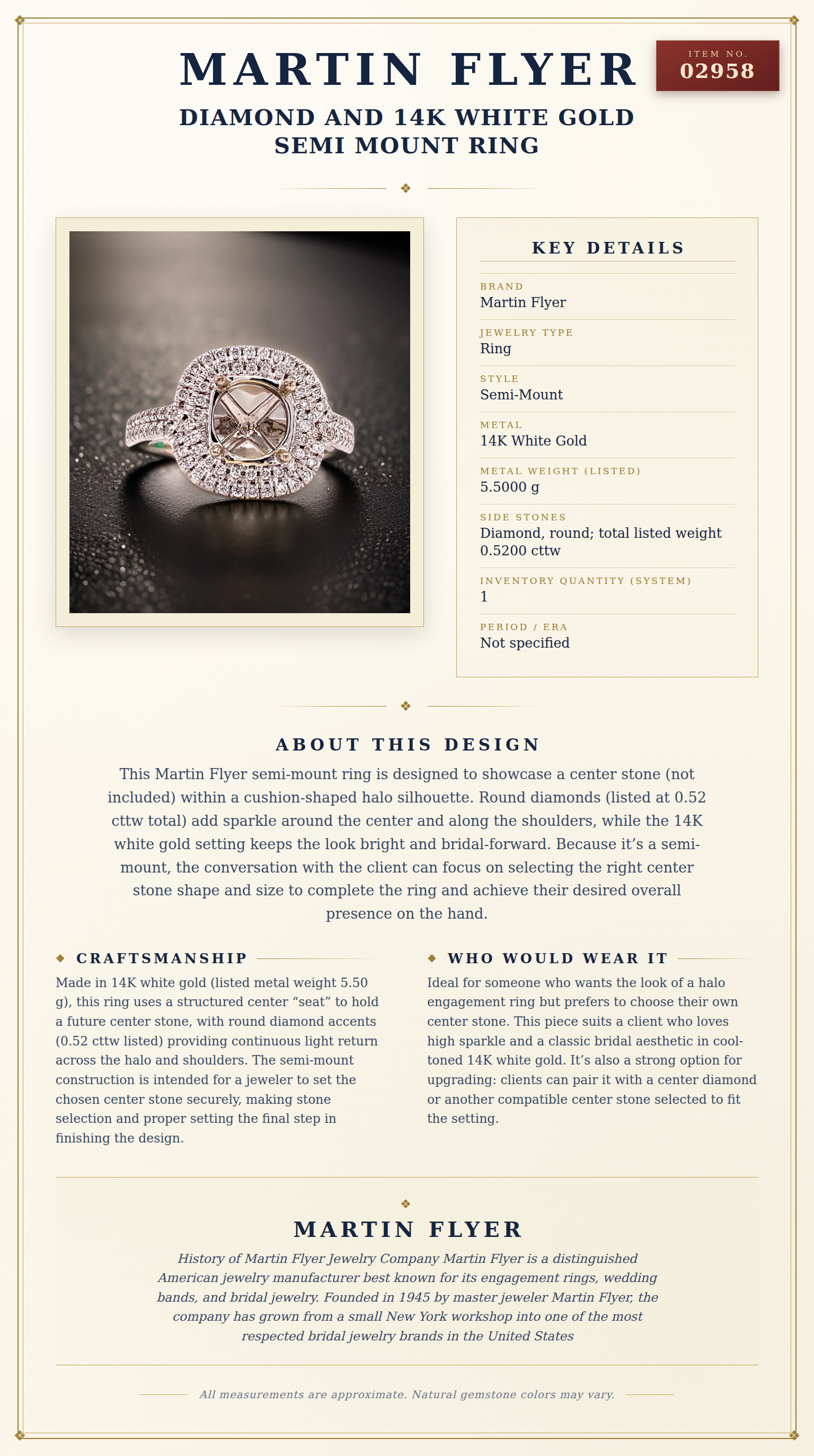 Martin Flyer Diamond and 14K White Gold Semi Mount Ring — anatomy card