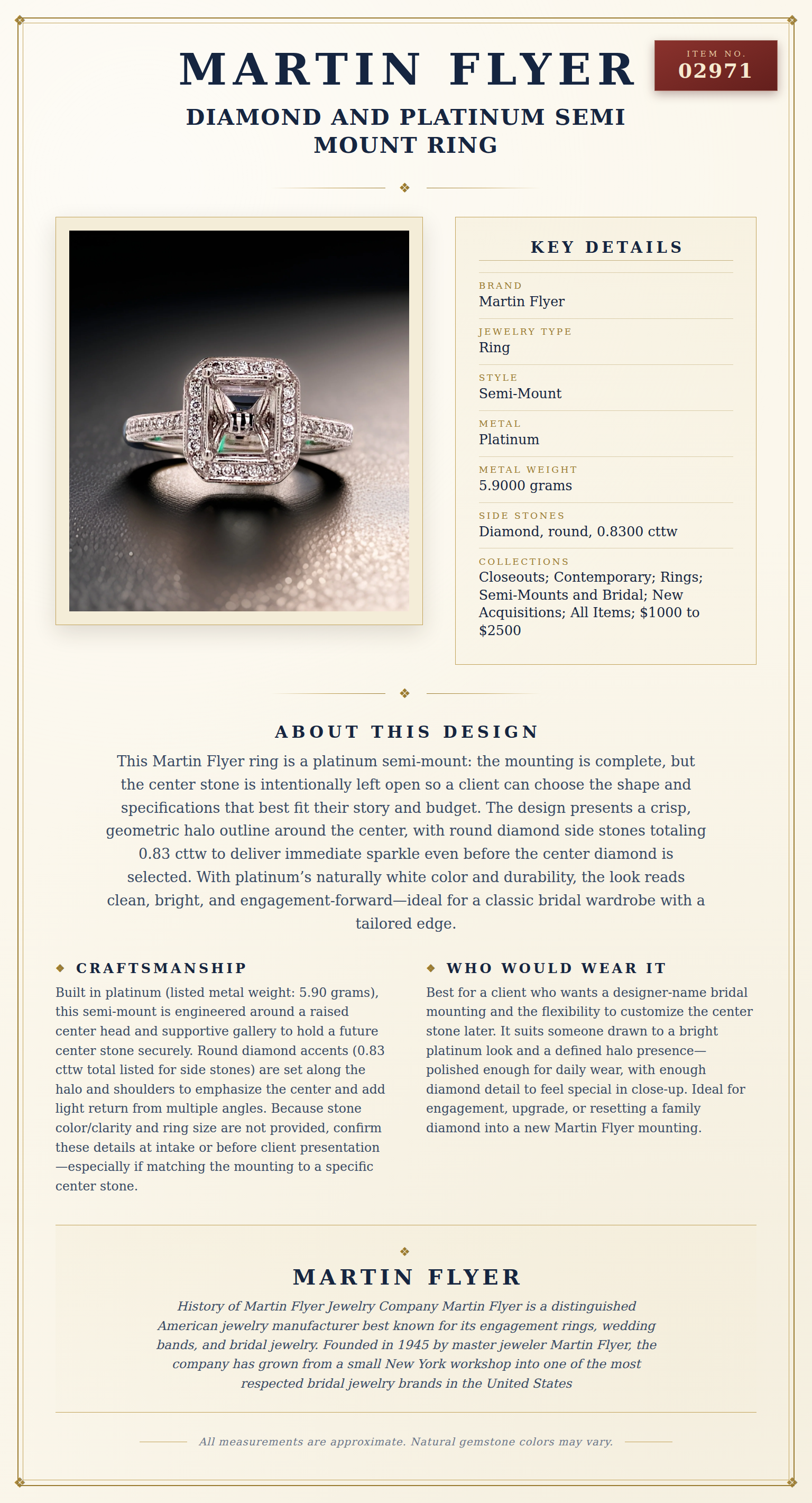 Martin Flyer Diamond and Platinum Semi Mount Ring — anatomy card