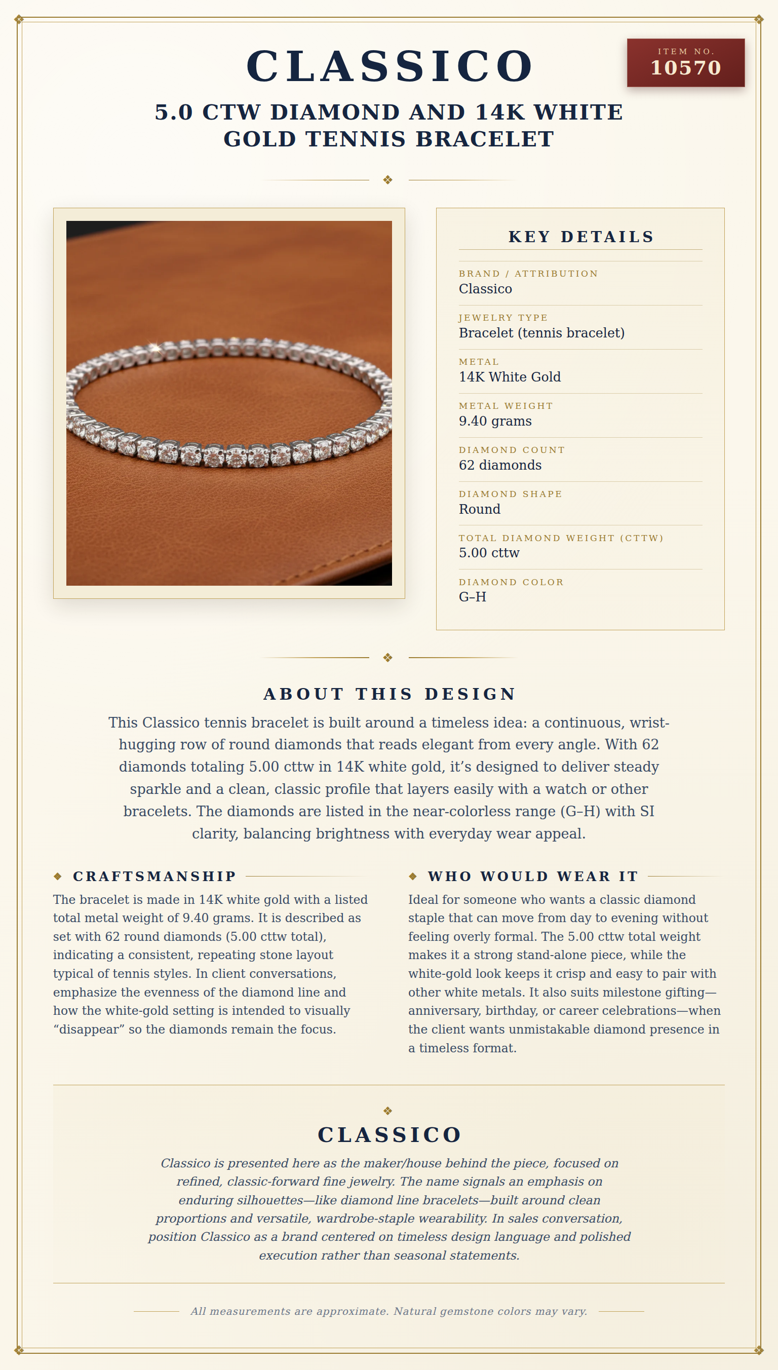 Classico 5.0 ctw Diamond and 14K White Gold Tennis Bracelet — anatomy card