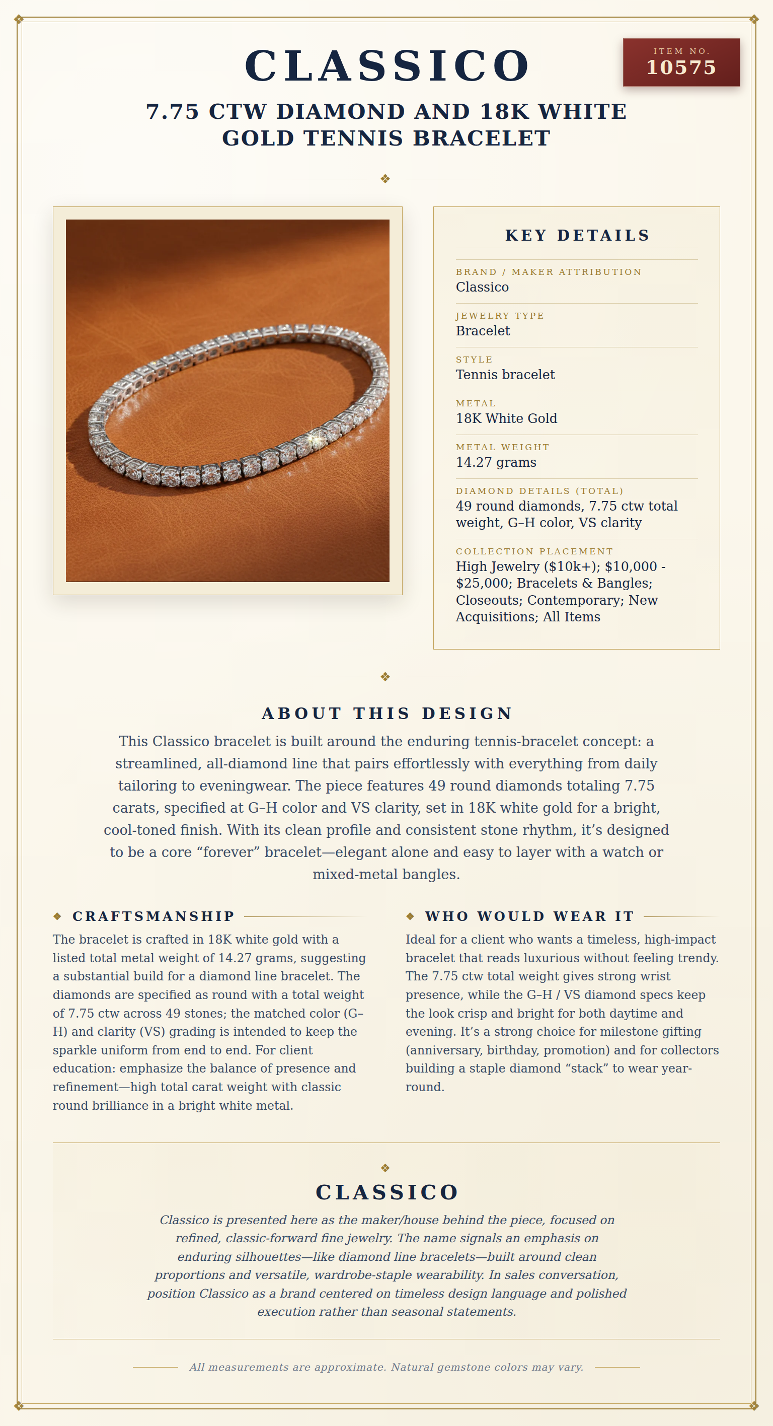 Classico 7.75 ctw Diamond and 18K White Gold Tennis Bracelet — anatomy card