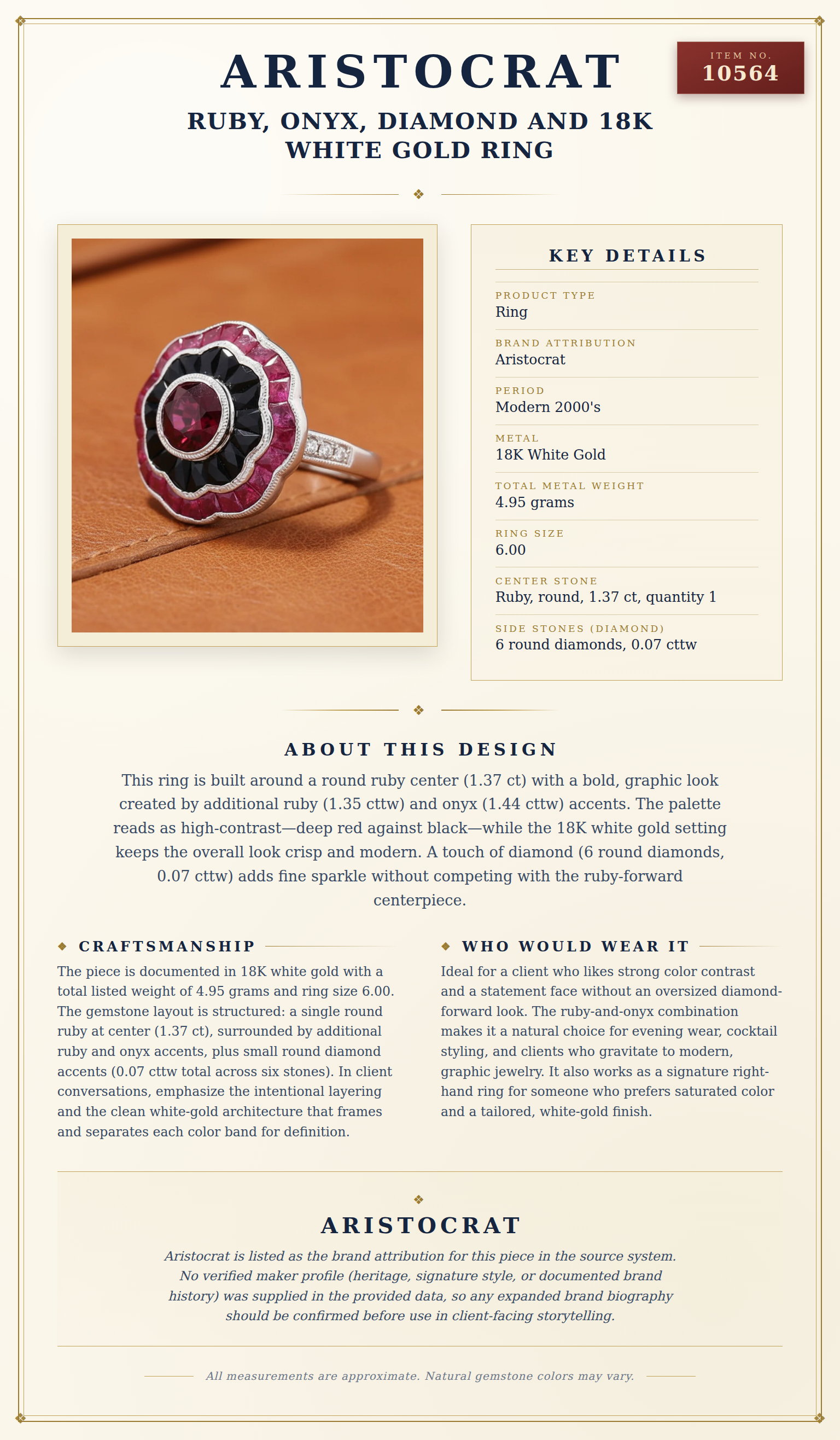 Ruby, Onyx, Diamond and 18K White Gold Ring — anatomy card