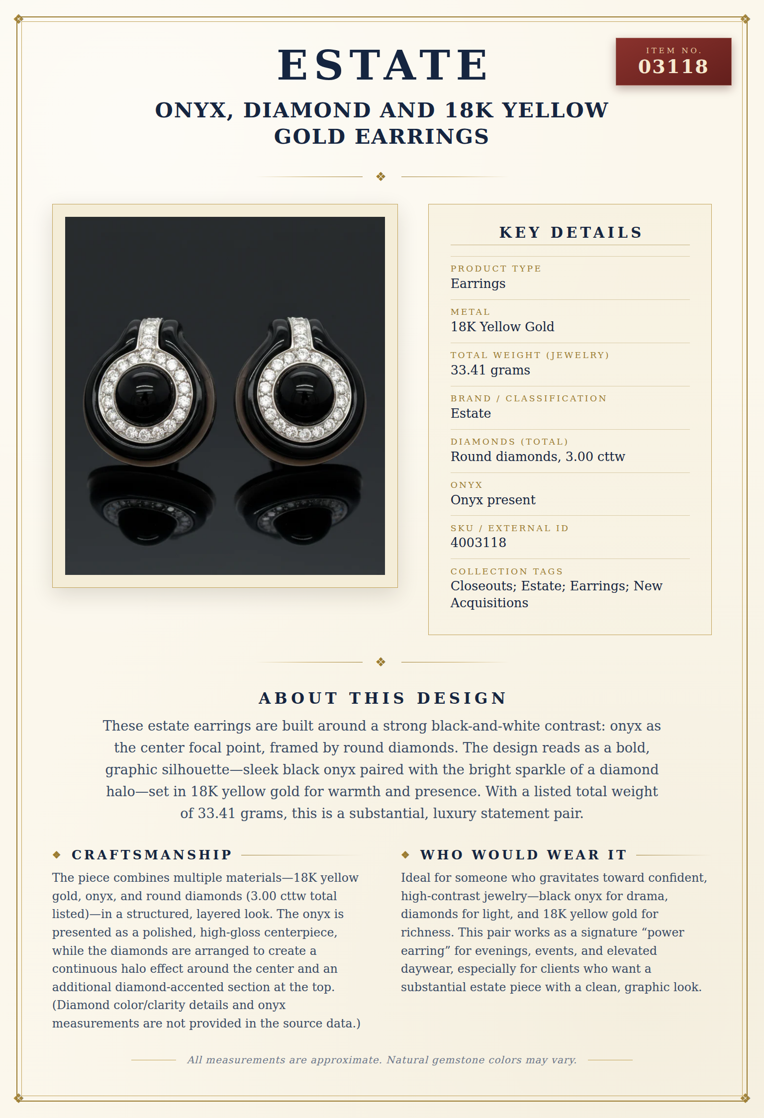 Onyx, Diamond and 18K Yellow Gold Earrings — anatomy card