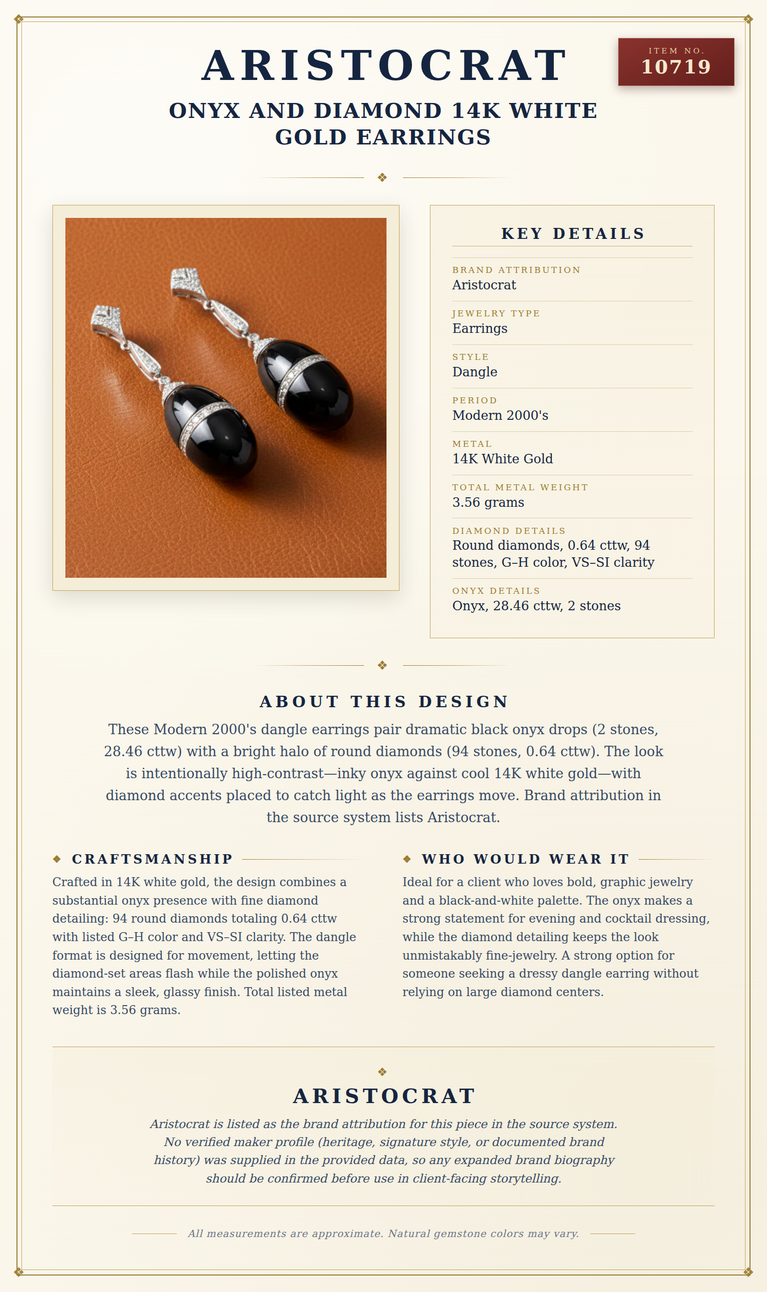 Onyx and Diamond 14K White Gold Earrings — anatomy card