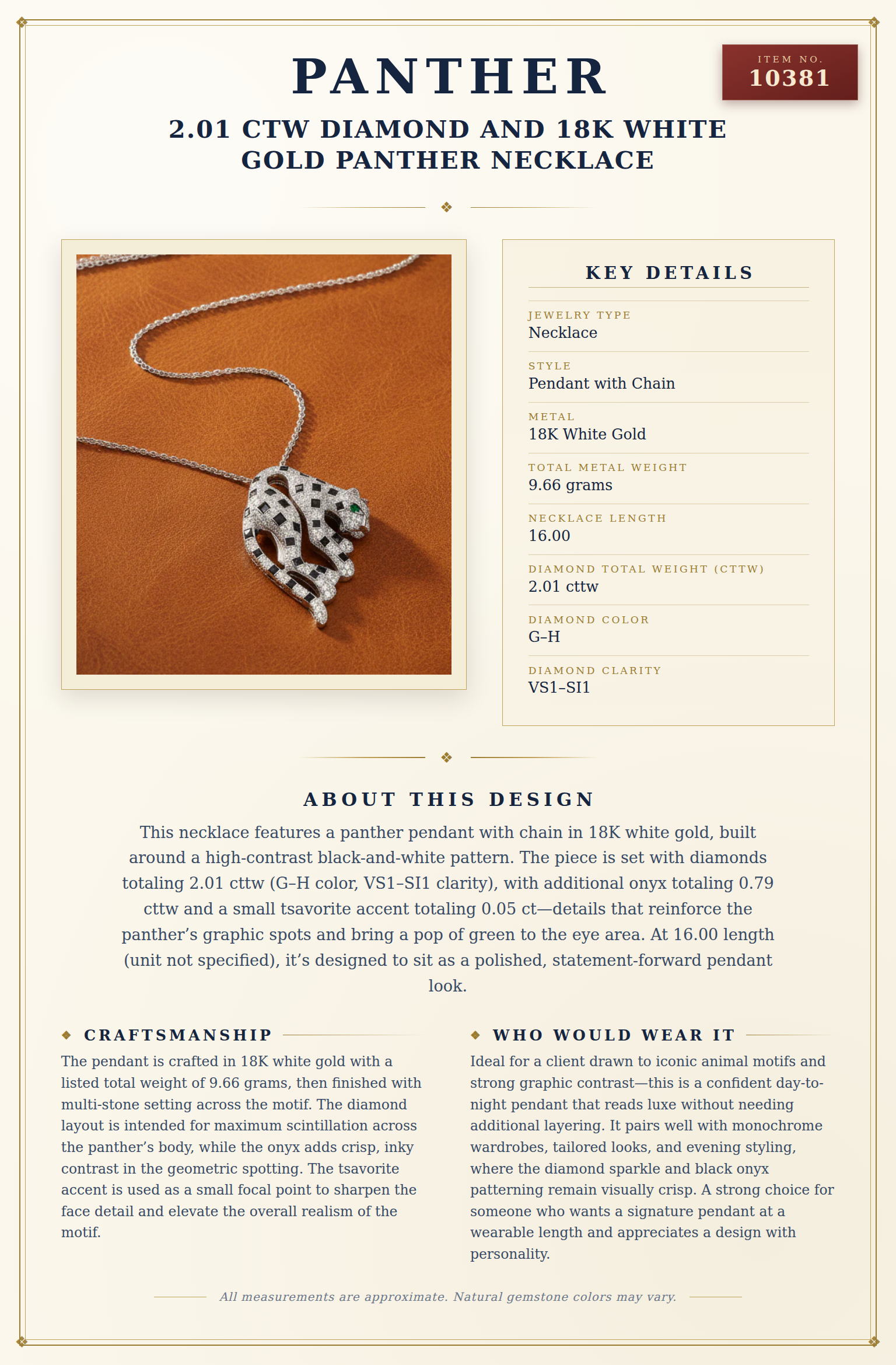 Contempary 2.01 ctw Diamond and 18K White Gold Panther Necklace — anatomy card