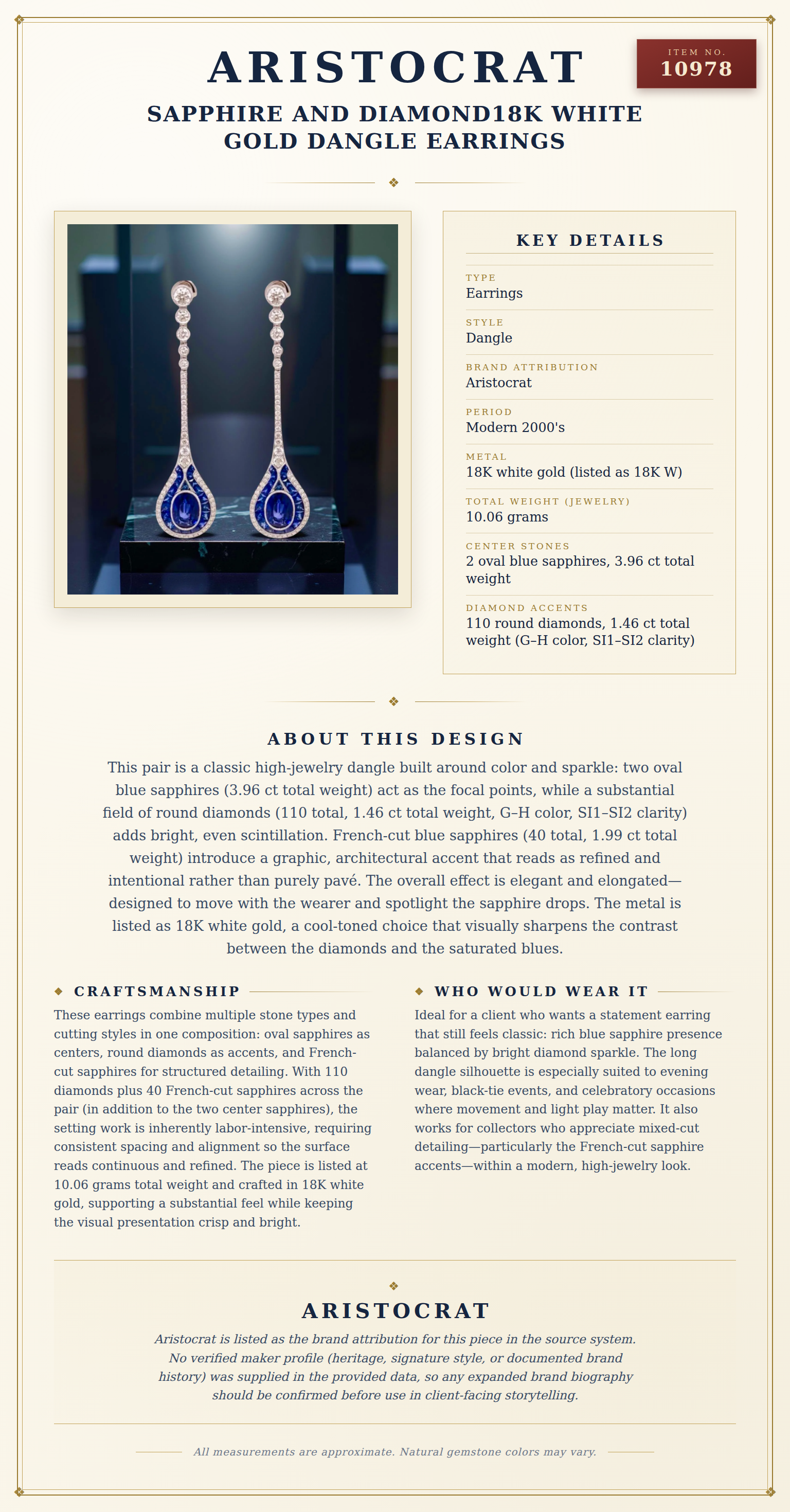 Sapphire and Diamond18K White Gold Dangle Earrings — anatomy card