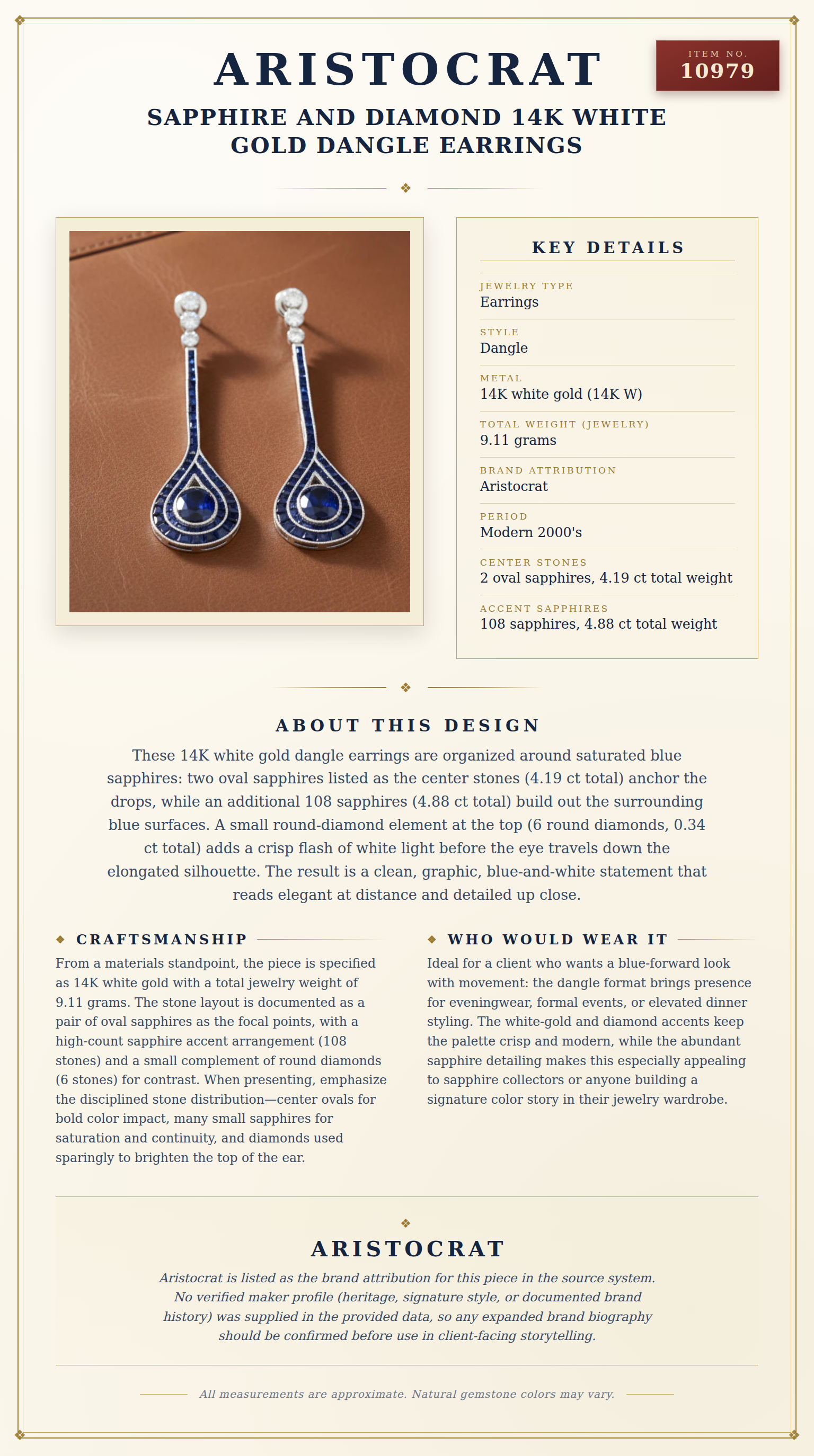Sapphire and Diamond 14K White Gold Dangle Earrings — anatomy card