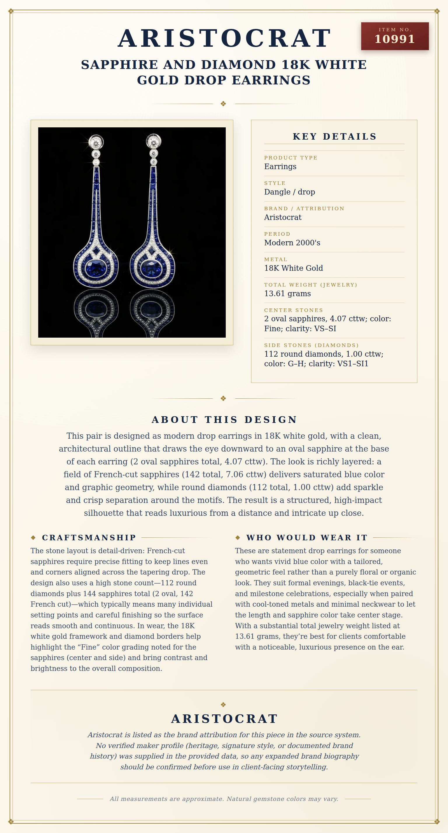 Sapphire and Diamond 18K White Gold Drop Earrings — anatomy card
