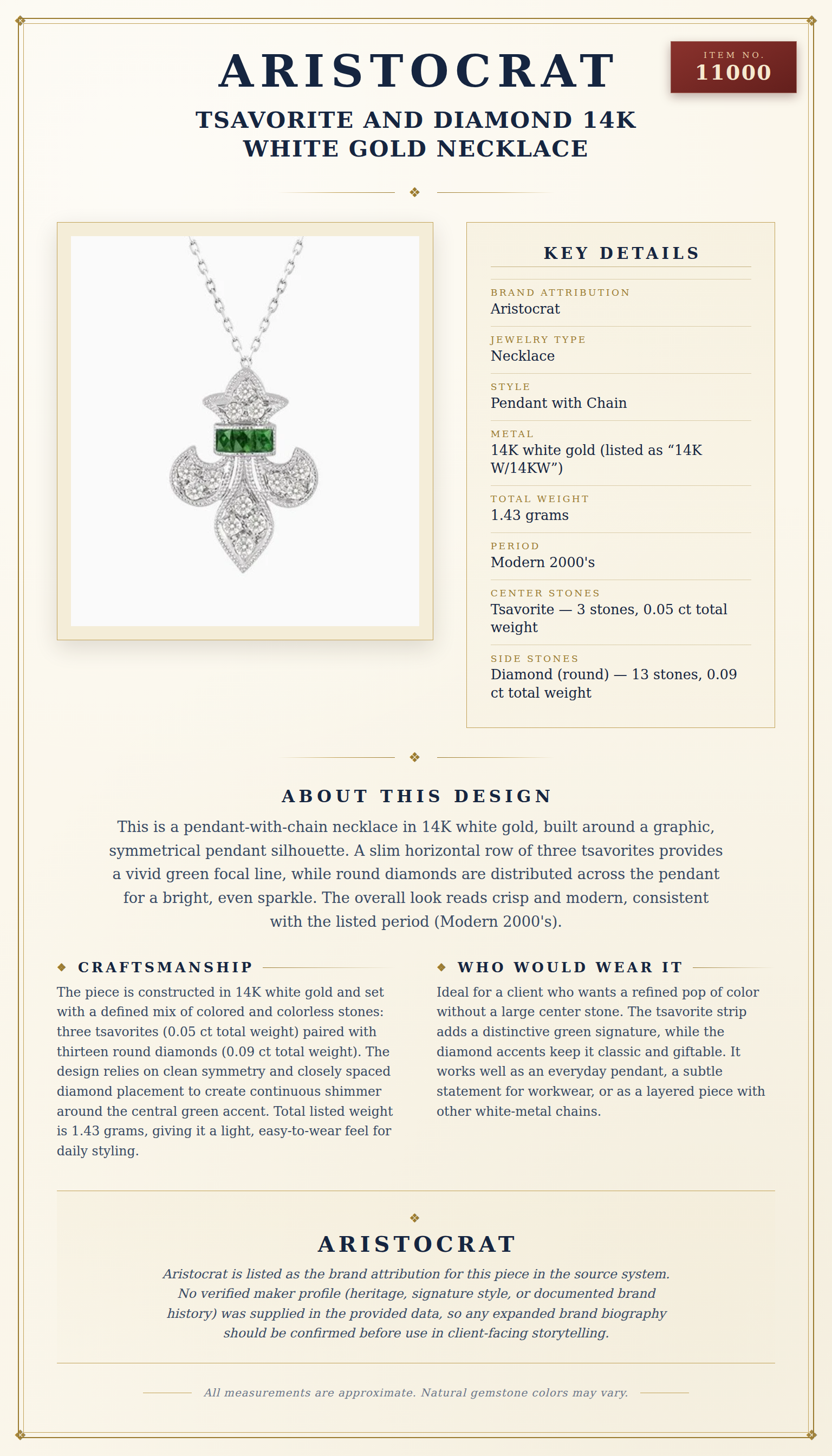 Tsavorite and Diamond 14K White Gold Necklace — anatomy card