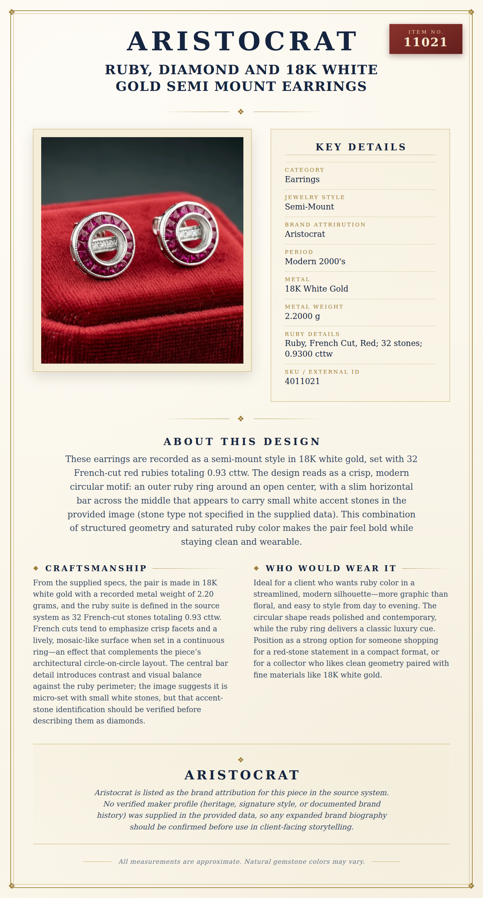 Ruby, Diamond and 18K White Gold Semi Mount Earrings — anatomy card