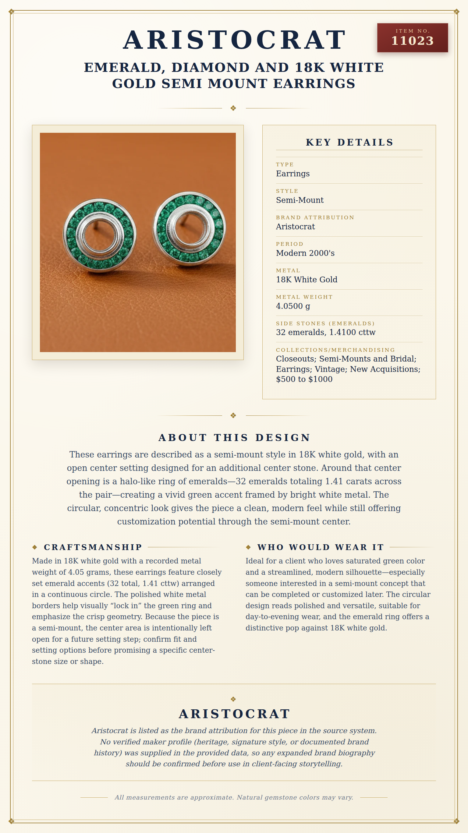 Emerald, Diamond and 18K White Gold Semi Mount Earrings — anatomy card