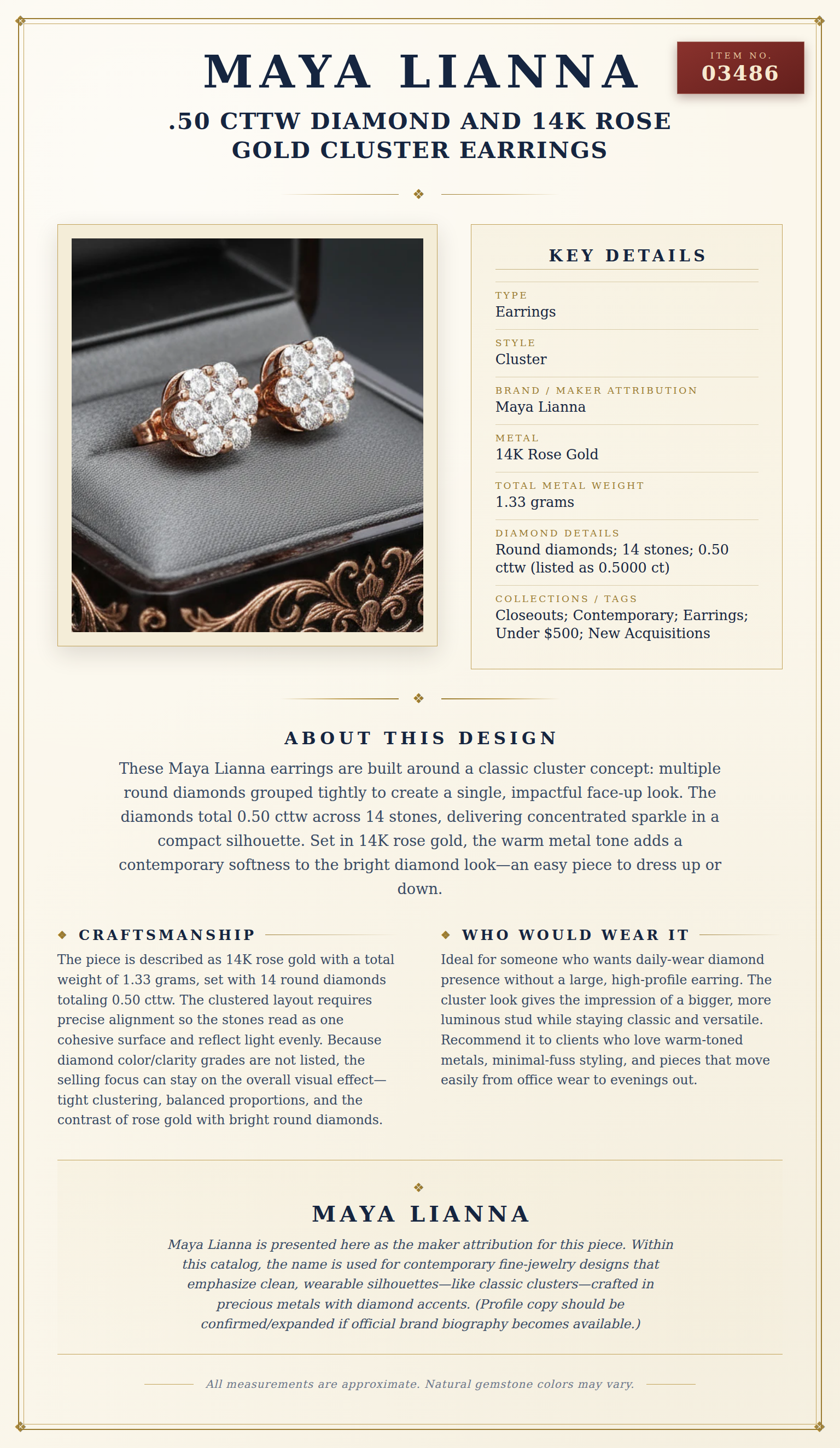 Maya Lianna .50 cttw Diamond and 14K Rose Gold Cluster Earrings — anatomy card