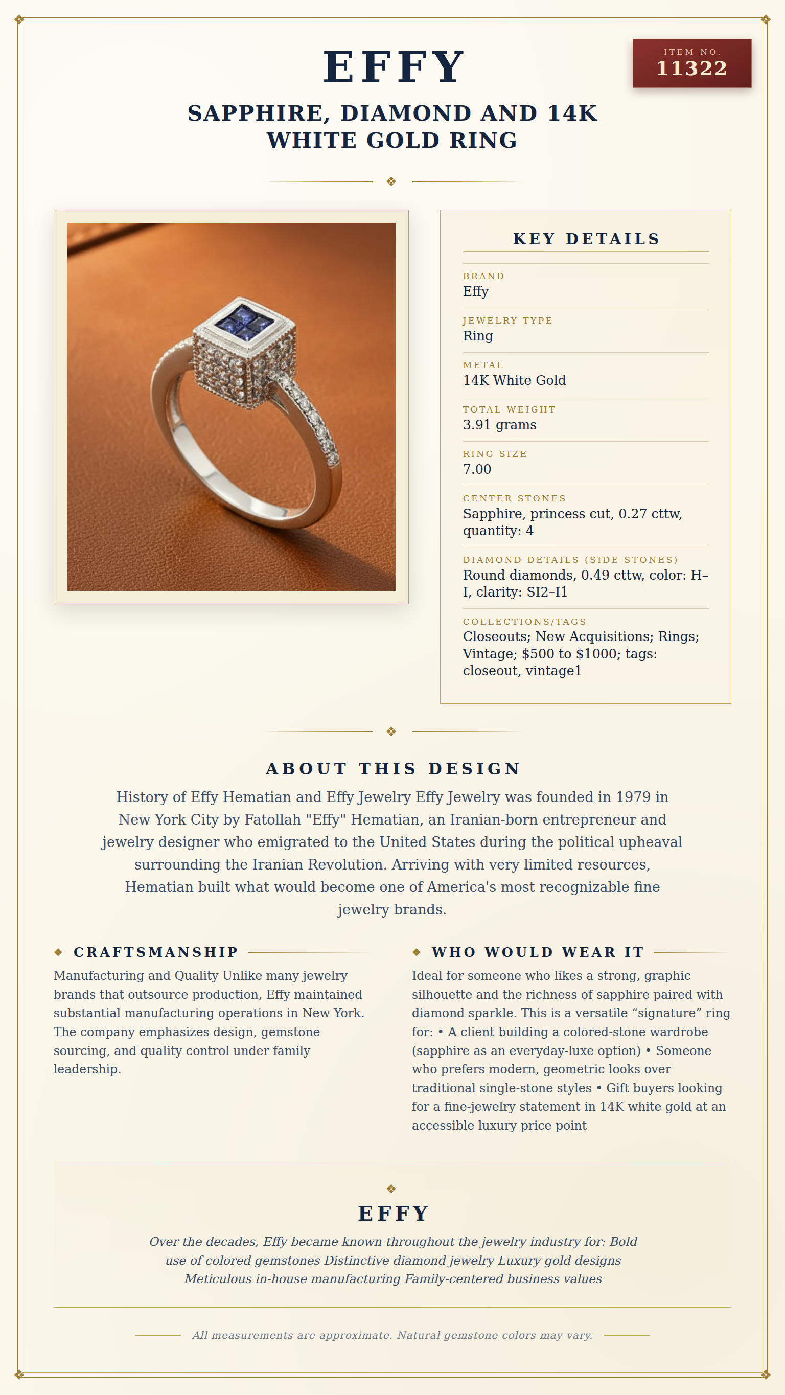 Effy Sapphire, Diamond and 14K White Gold Ring — anatomy card