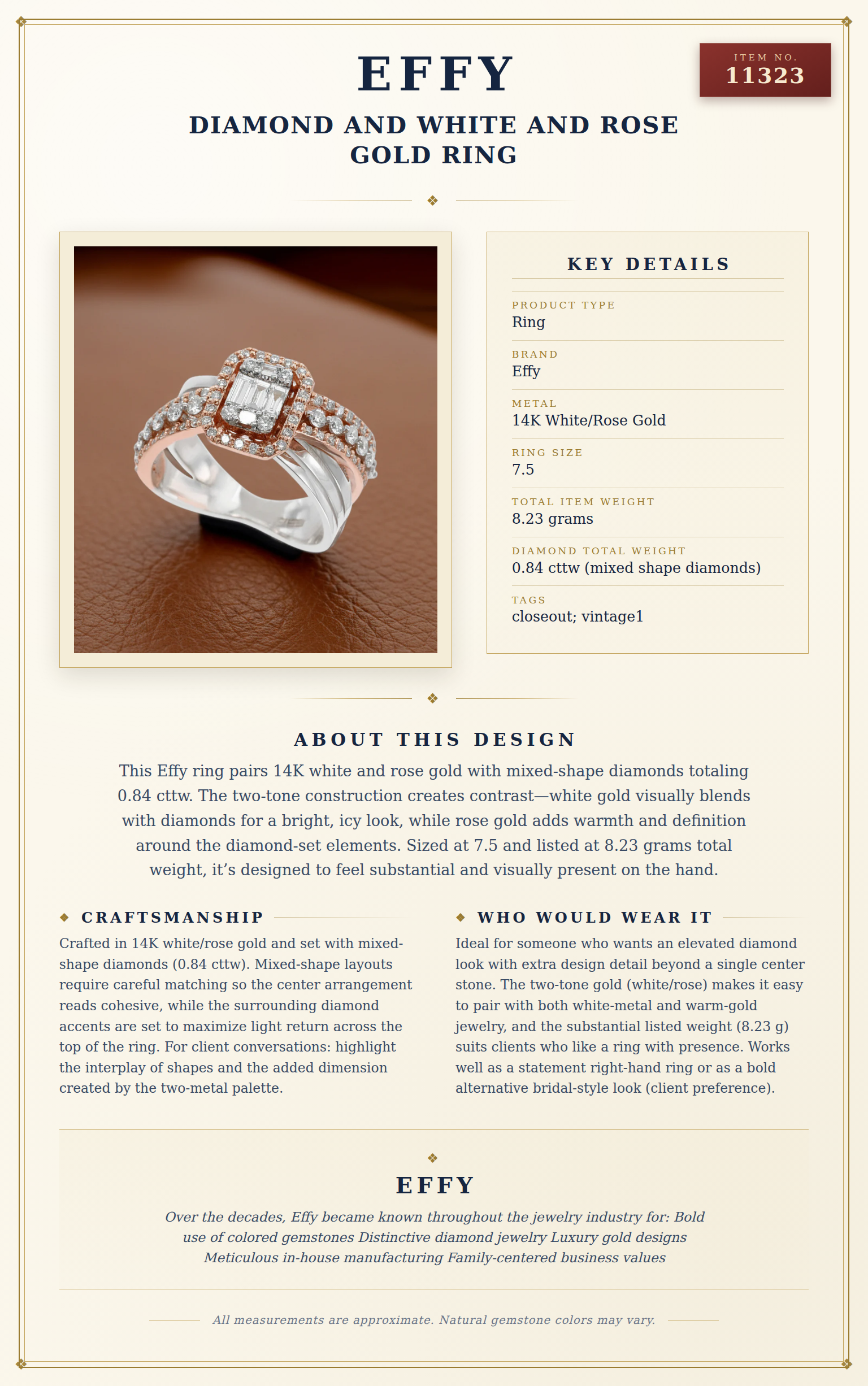 Effy Diamond and White and Rose Gold Ring — anatomy card