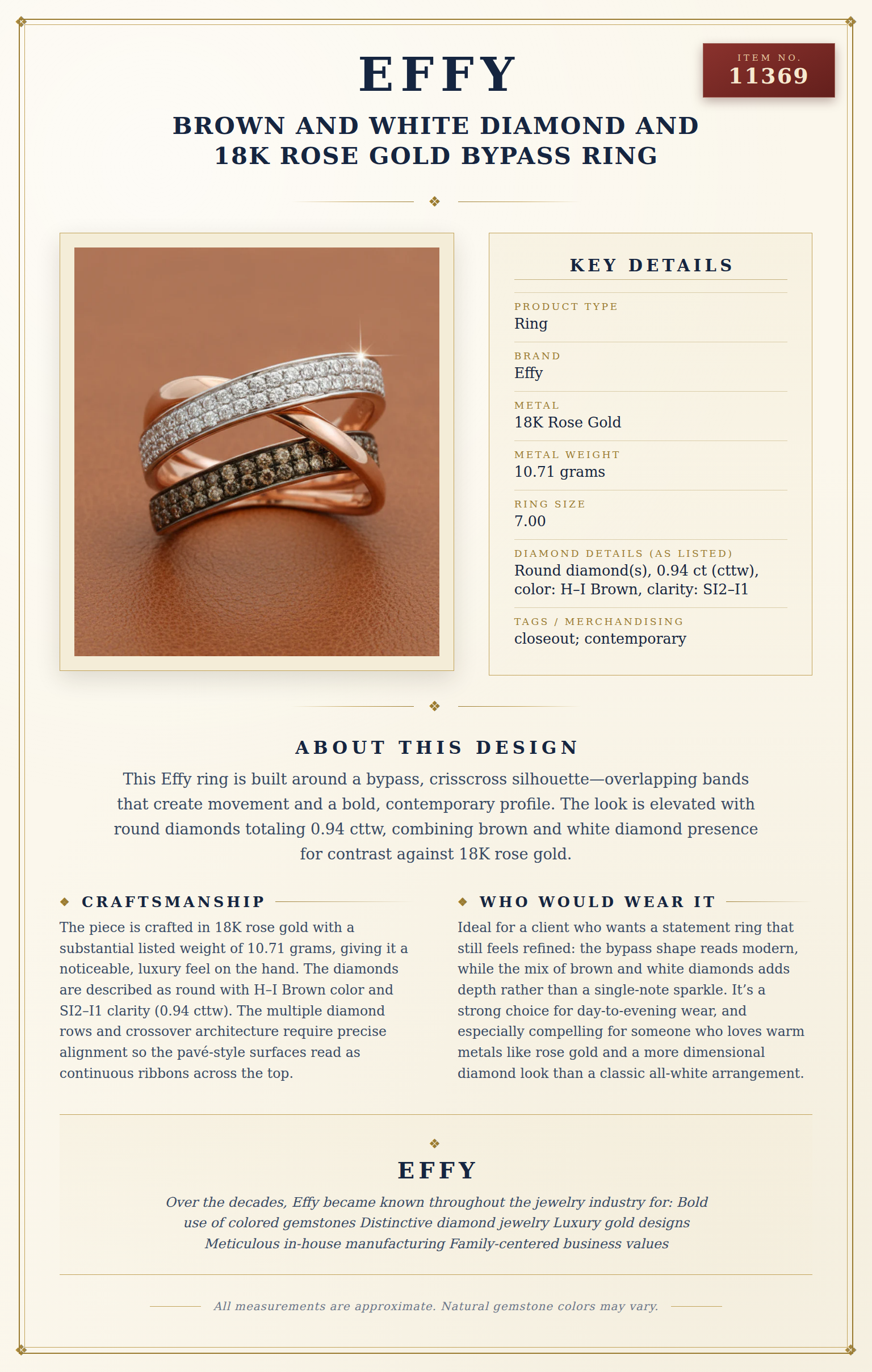 Effy Brown and White Diamond and 18K Rose Gold Bypass Ring — anatomy card