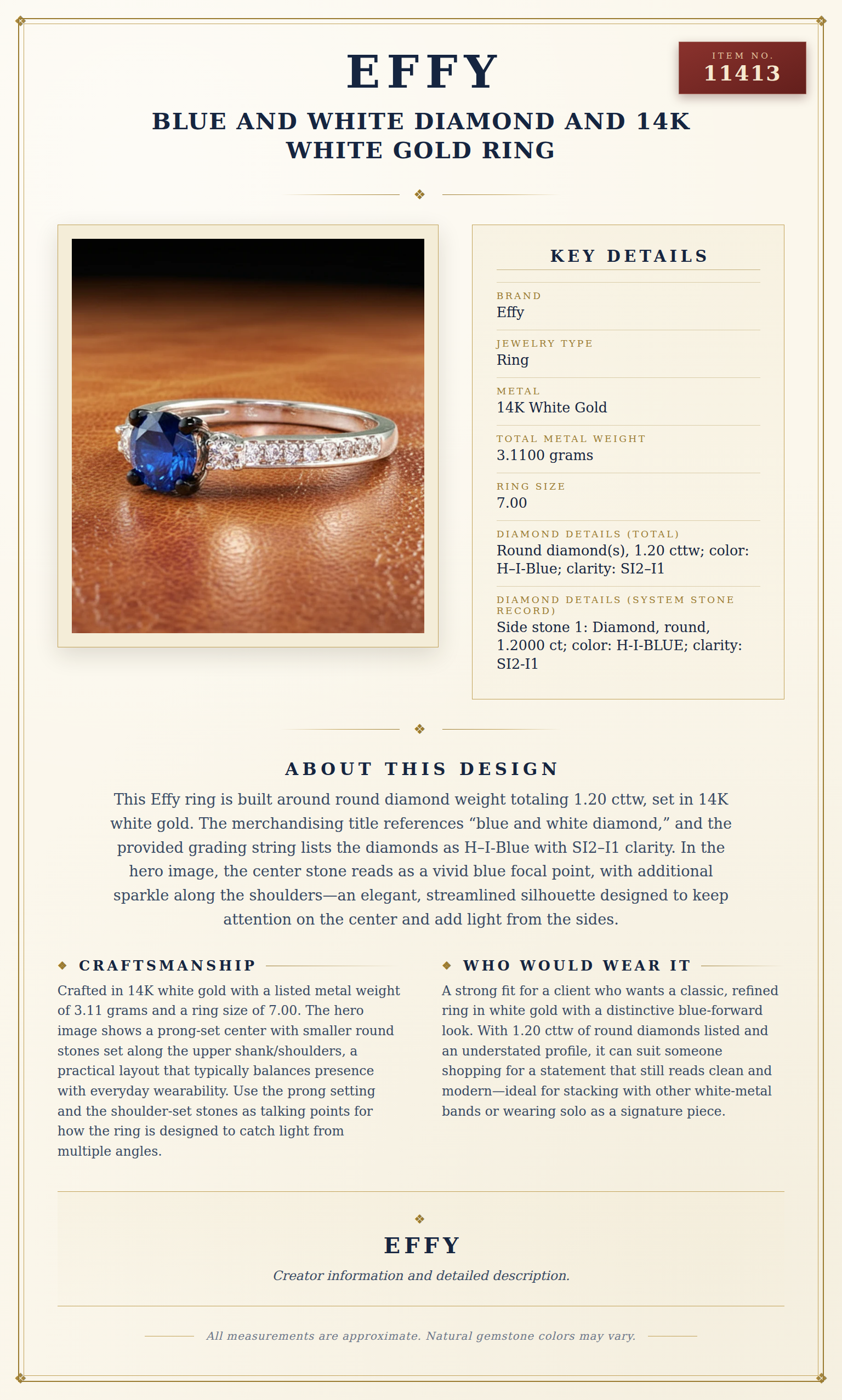 Effy Blue and White Diamond and 14K White Gold Ring — anatomy card