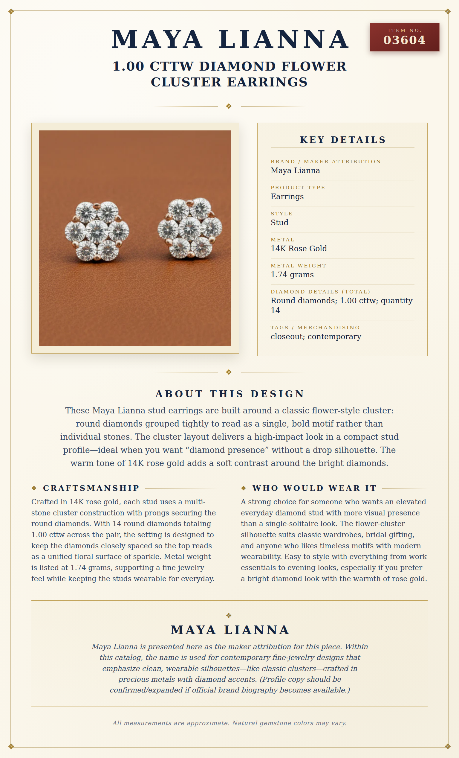 Maya Lianna 1.00 cttw Diamond Flower Cluster Earrings — anatomy card