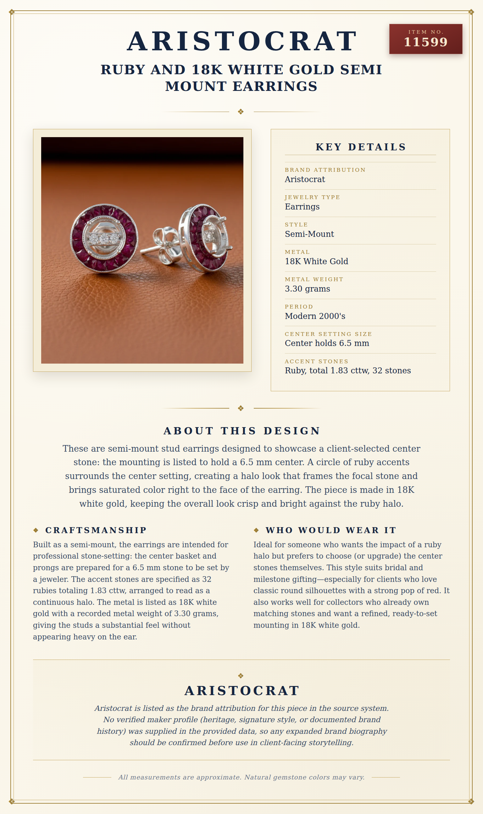 Ruby and 18K White Gold Semi Mount Earrings — anatomy card