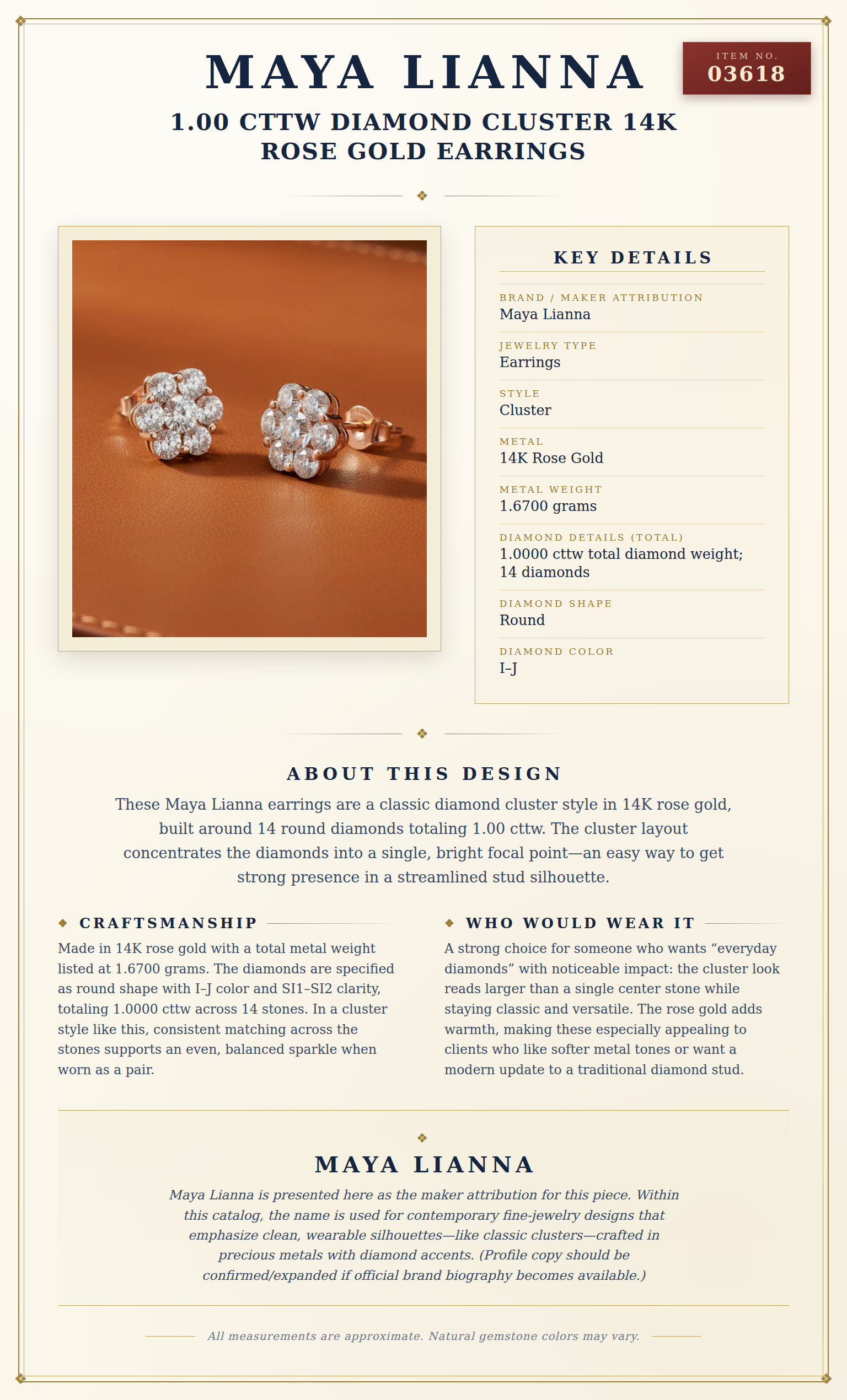 Maya Lianna 1.00 cttw Diamond Cluster 14K Rose Gold Earrings — anatomy card