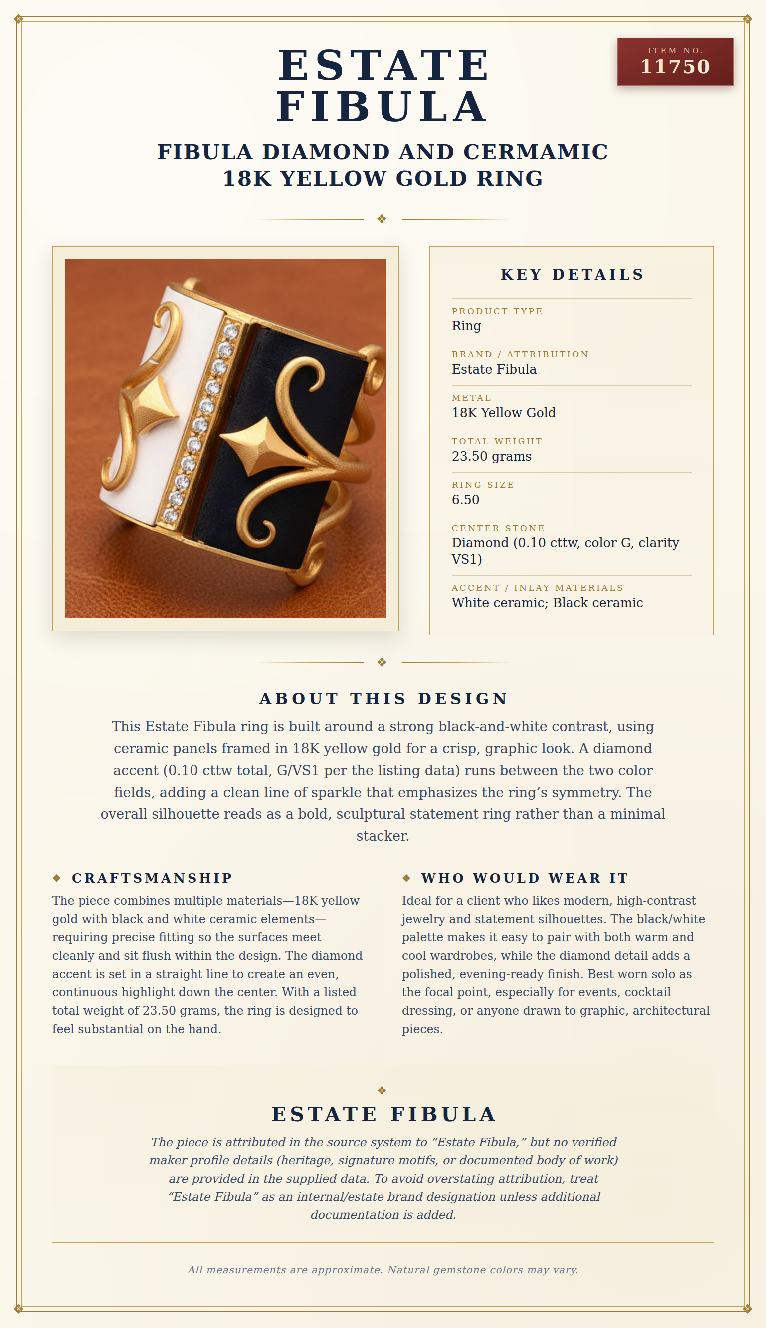 Fibula Diamond and Cermamic 18K Yellow Gold Ring — anatomy card