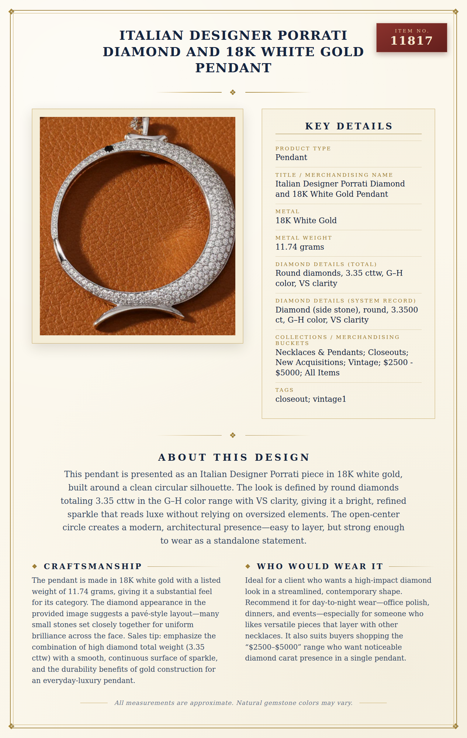 Italian Designer Porrati Diamond and 18K White Gold Pendant — anatomy card