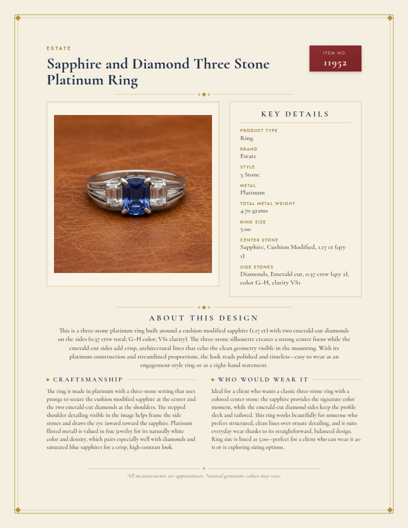 Sapphire and Diamond Three Stone Platinum Ring — anatomy card
