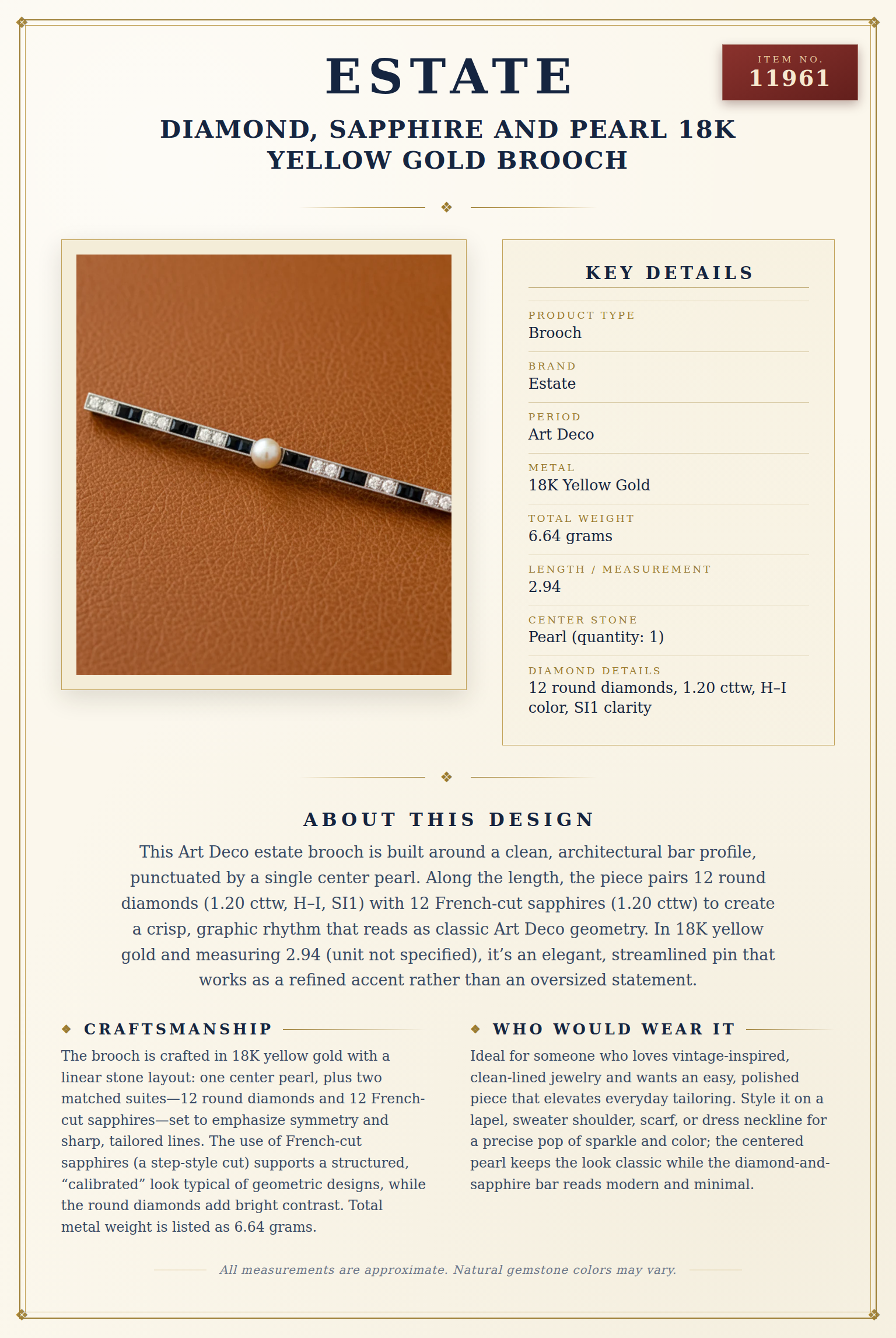 Diamond, Sapphire and Pearl 18K Yellow Gold Brooch — anatomy card