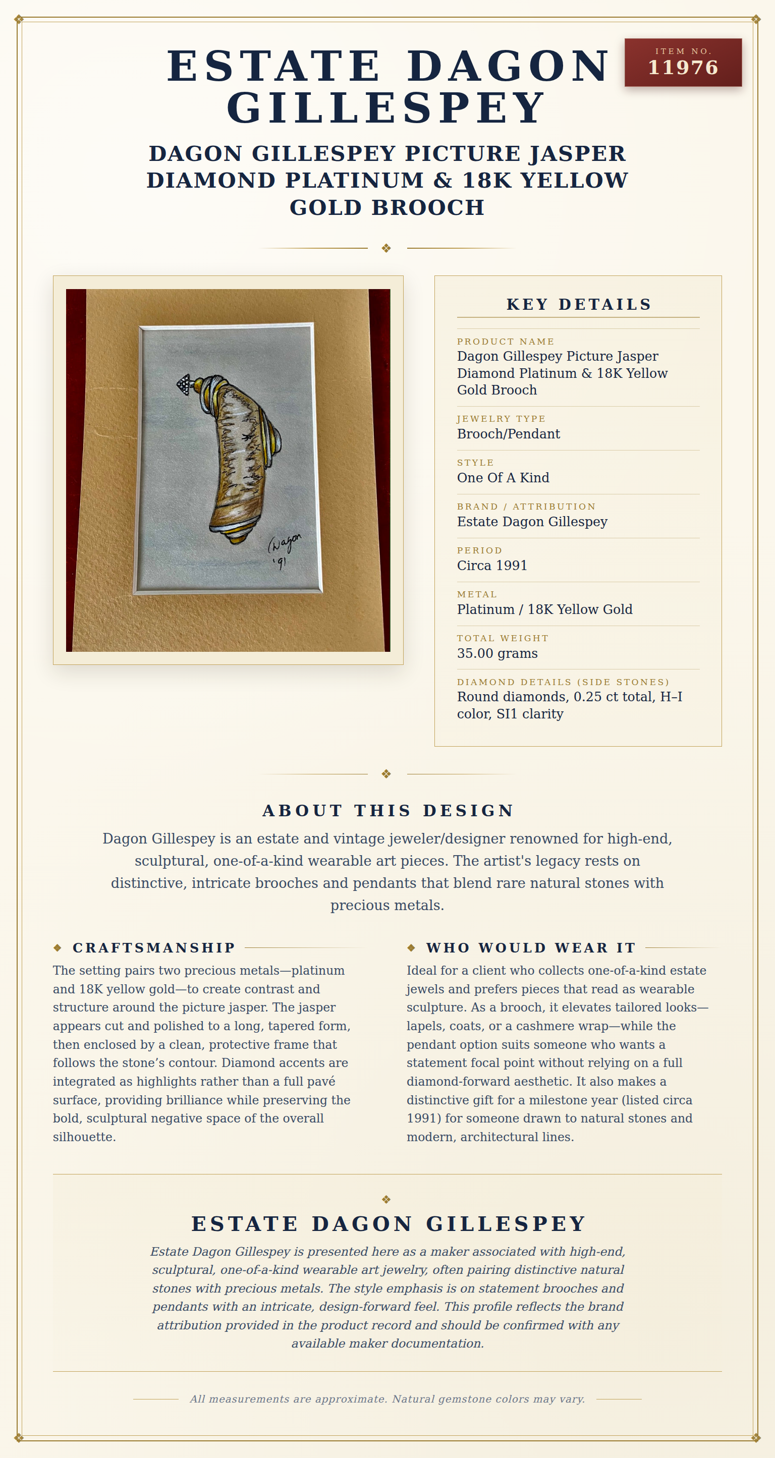 Dagon Gillespey Picture Jasper Diamond Platinum & 18K Yellow Gold Brooch — anatomy card