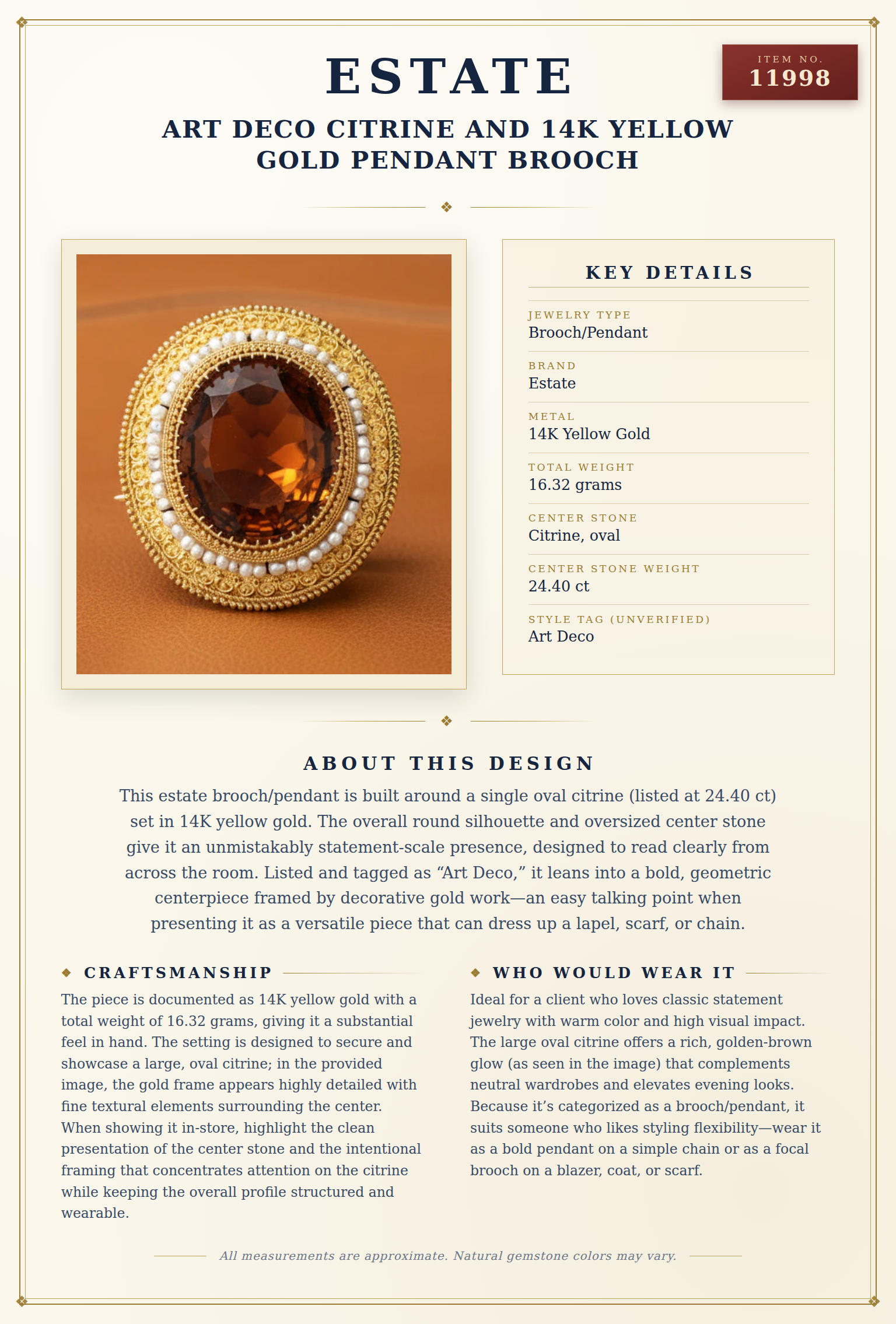 Art Deco Citrine and 14K Yellow Gold Pendant Brooch — anatomy card