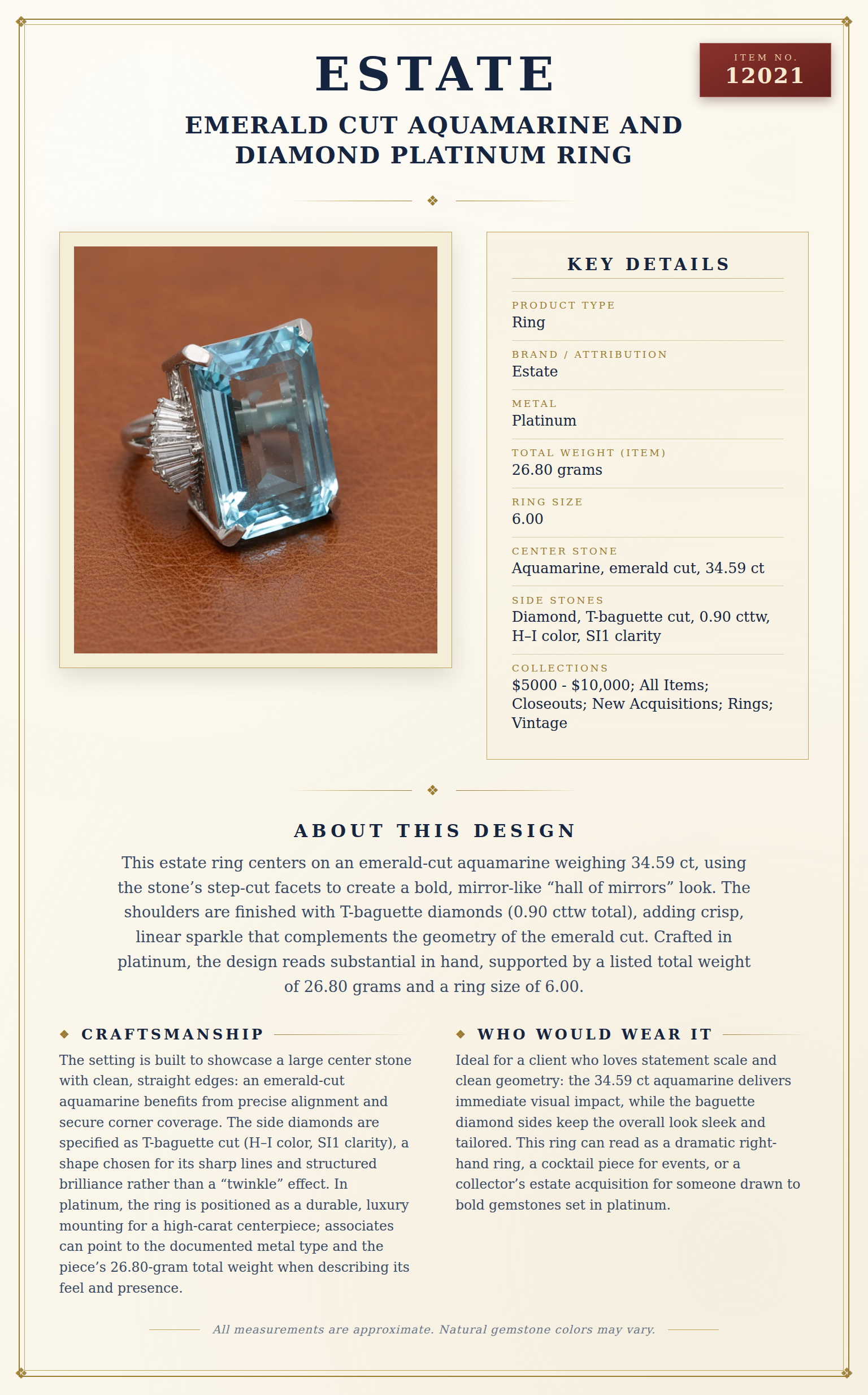 Emerald Cut Aquamarine and Diamond Platinum Ring — anatomy card