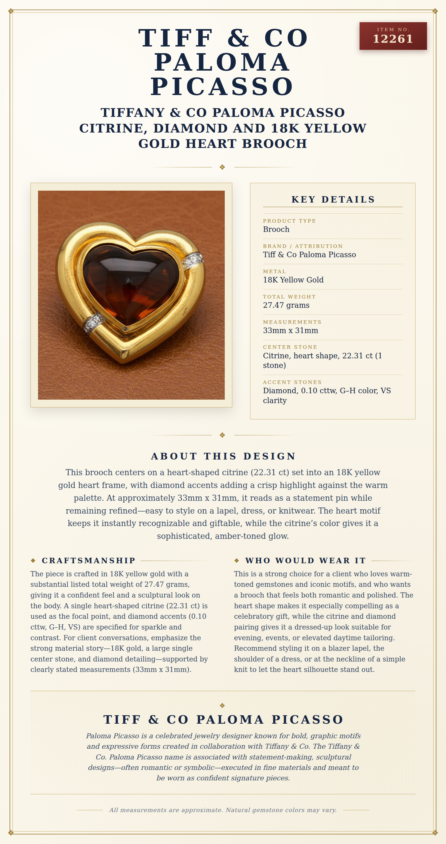 Tiffany & Co Paloma Picasso Citrine, Diamond and 18K Yellow Gold Heart Brooch — anatomy card